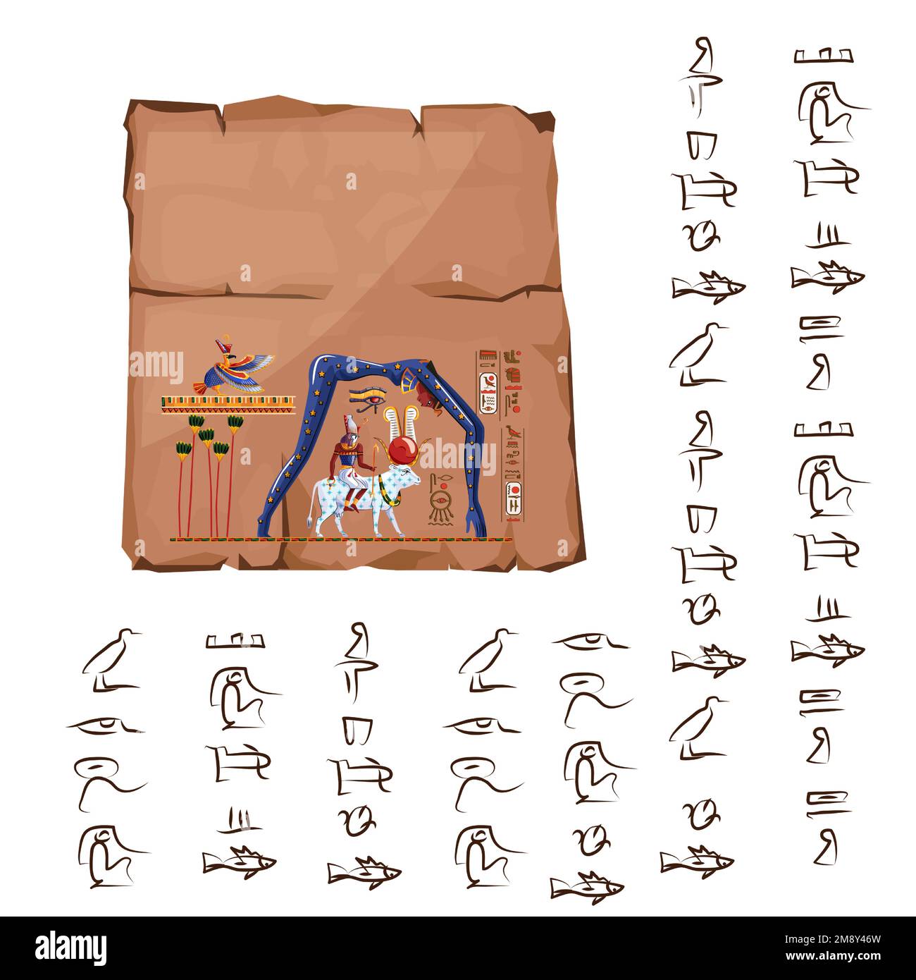 Papyrus d'Égypte ancienne ou vecteur de bande dessinée en pierre avec hiéroglyphes et symboles religieux de la culture égyptienne, Ra est assis sur le dos de la vache, au-dessus de lui sous la forme de la déesse du ciel de nuit Nut, Ra laissant pour légende du ciel Illustration de Vecteur