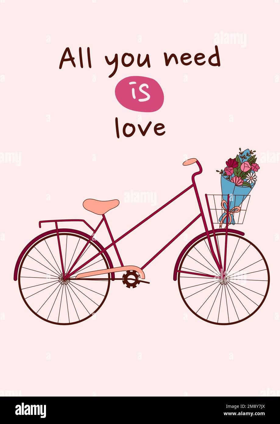 Carte de voeux pour la Saint-Valentin avec vélo et bouquet de fleurs. Illustration vectorielle Illustration de Vecteur