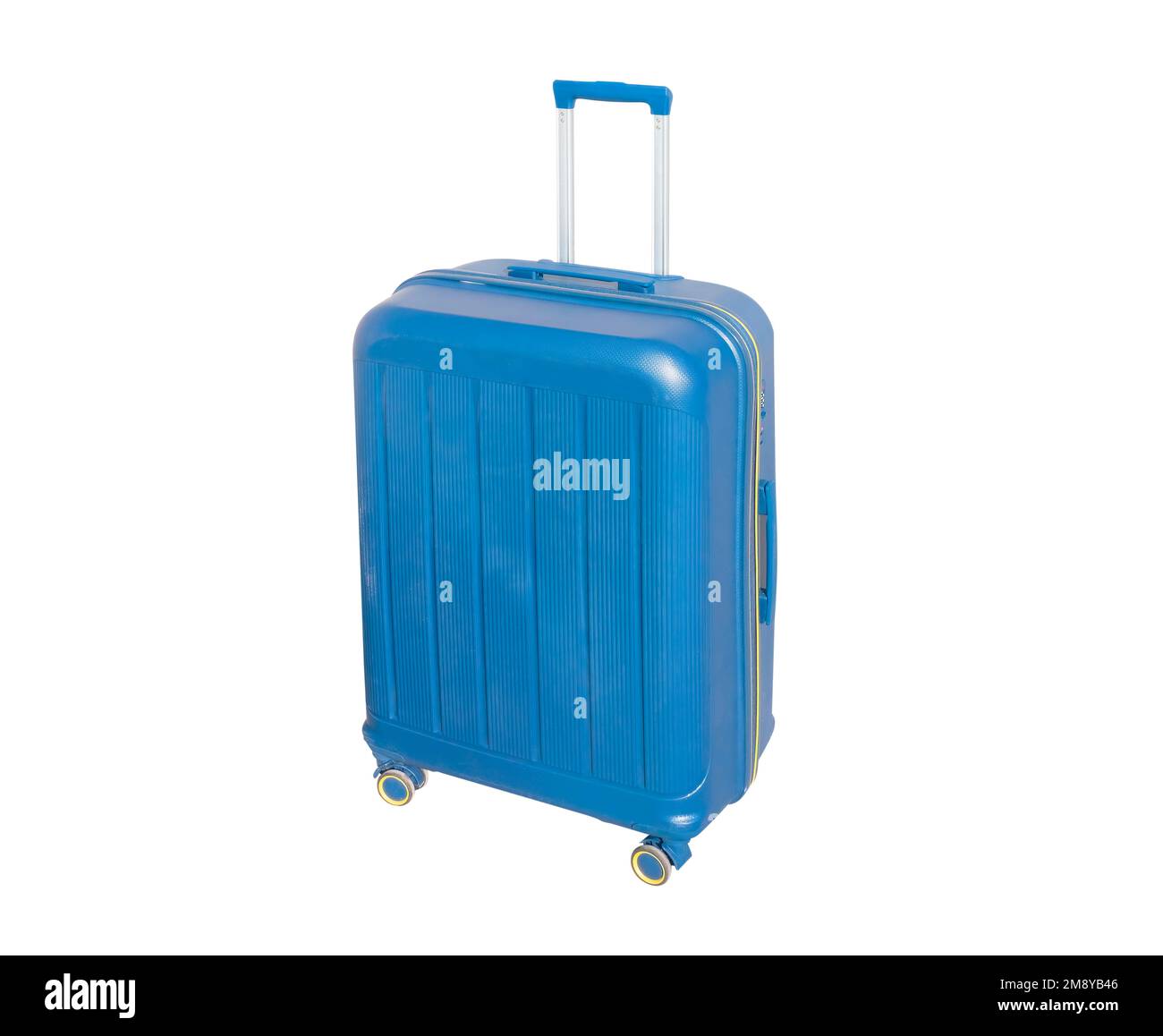 Vue avant de la valise bleue avec long manche télescopique isolé sur fond blanc. Valise isolée. Valise de voyage tendance bleue. Voyage lugg Banque D'Images