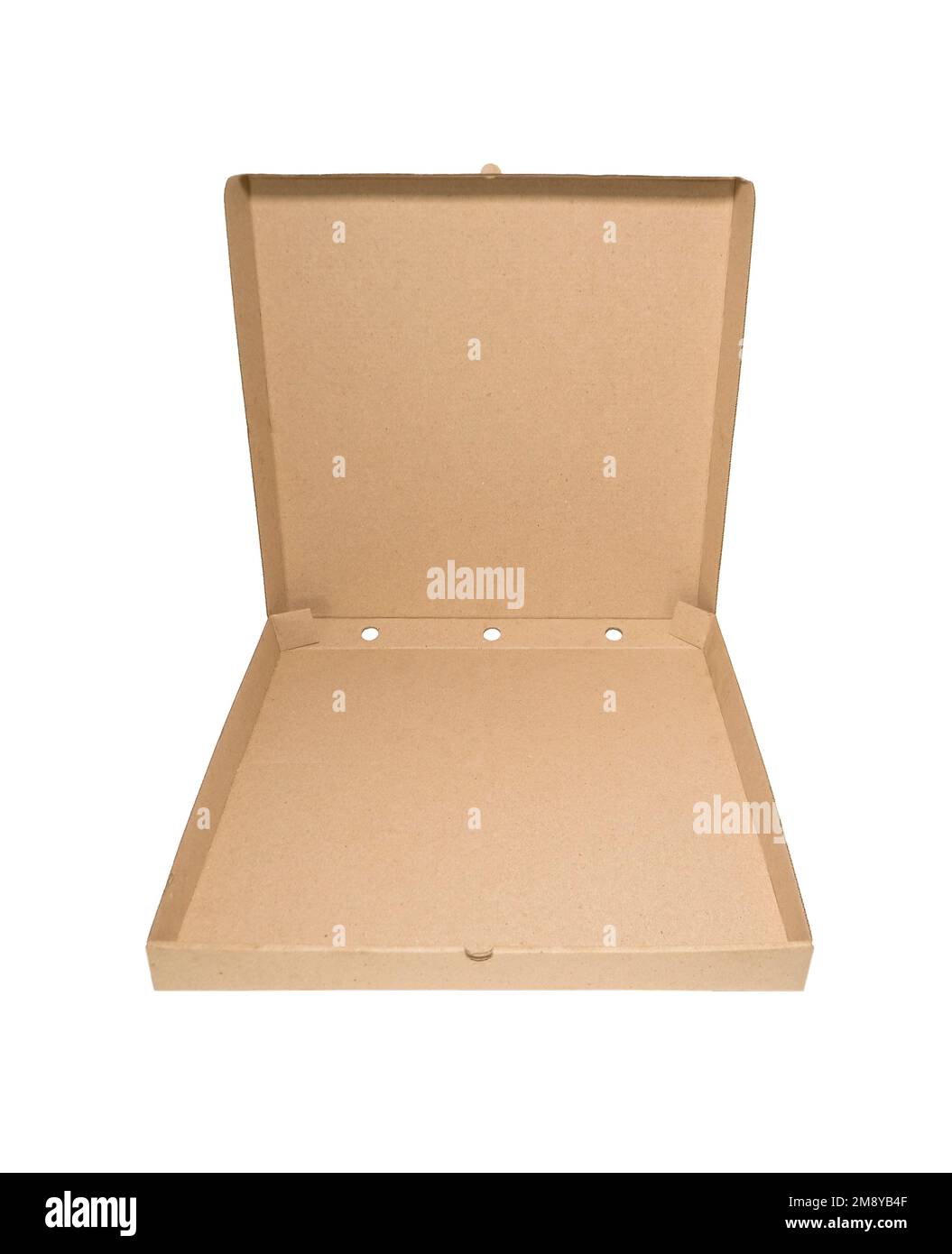 Carton ouvert brun vierge boîte de papier Pizza isolée sur fond blanc. Maquette de modèle d'emballage. Banque D'Images
