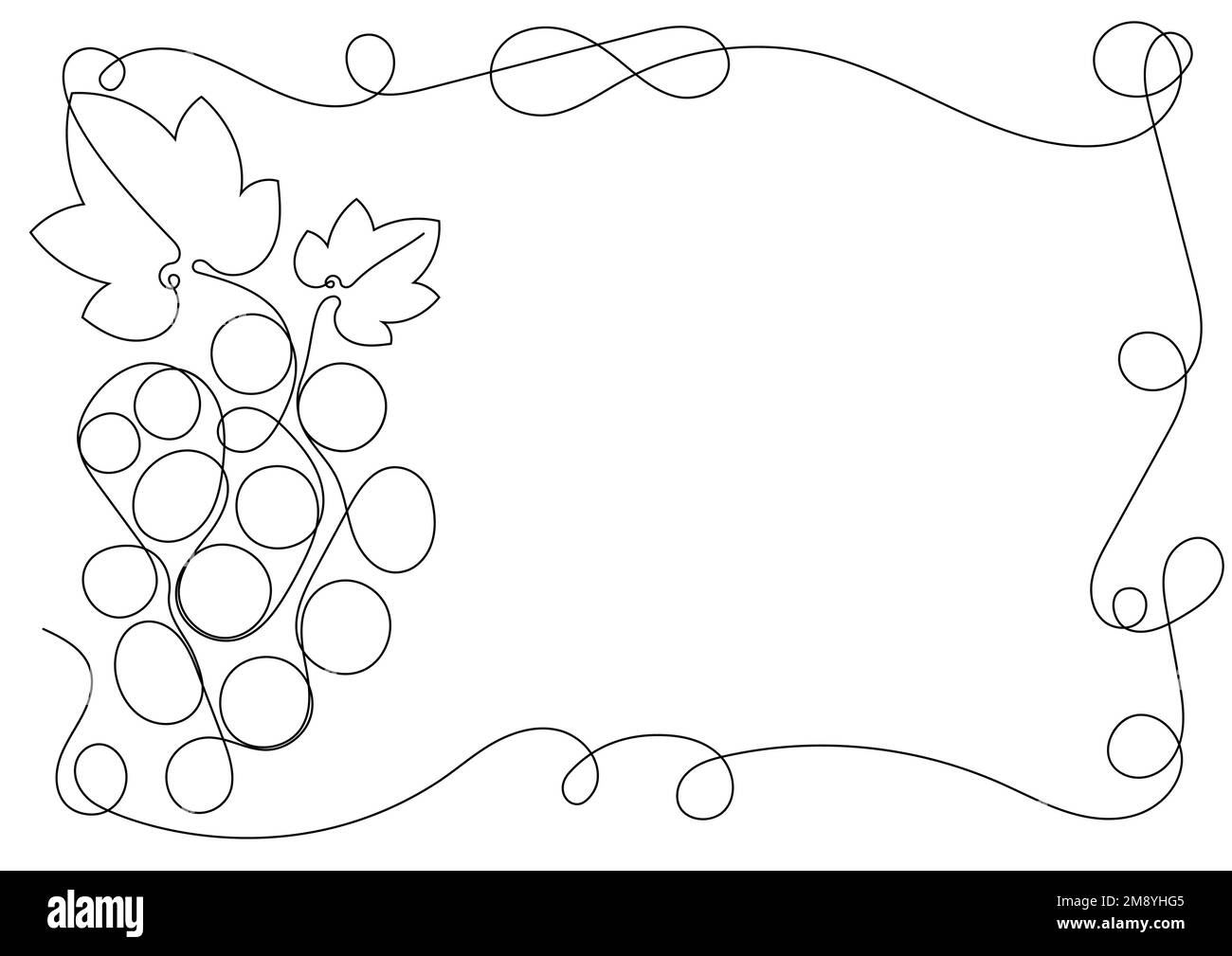 Cadre rectangulaire A4 avec bouquet de raisins, feuilles et tendrils pour la promotion du vin. Une illustration de ligne continue Carte publicitaire. Vecteur plat simple Illustration de Vecteur