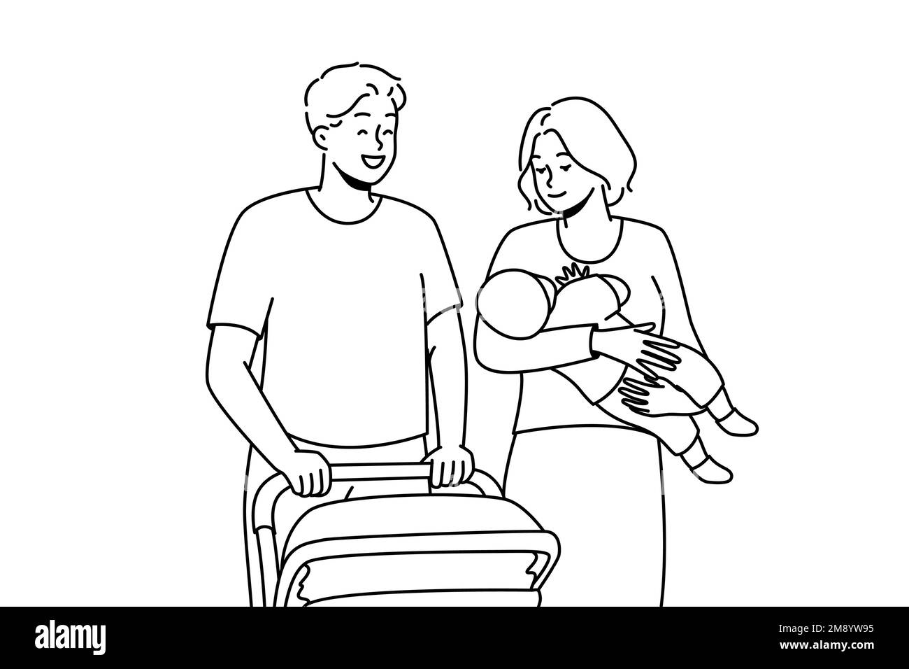 Une jeune famille heureuse avec un bébé qui marche avec une poussette à l'extérieur. Parents souriants avec un enfant dans les mains en appréciant la marche à l'extérieur. Illustration vectorielle. Illustration de Vecteur