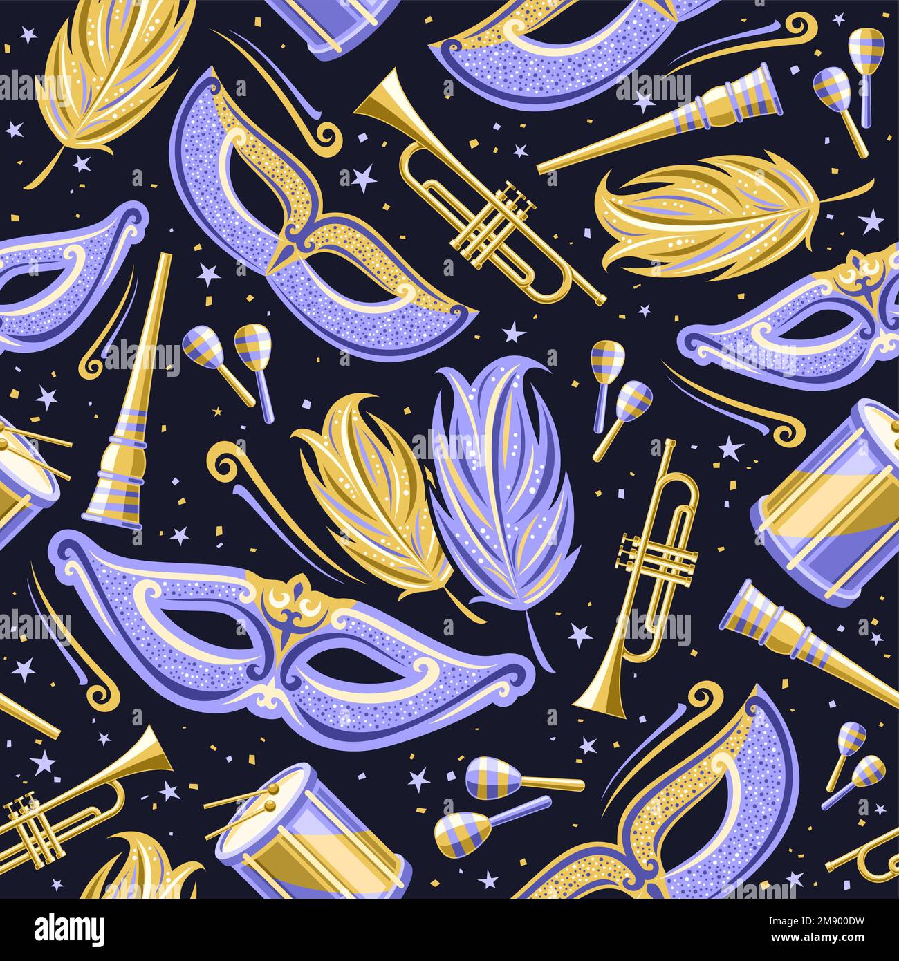 Vector Carnival motif sans couture, fond carré répété avec plumes de carnaval décoratives violettes, instruments de musique dorés et illustrat isolé Illustration de Vecteur