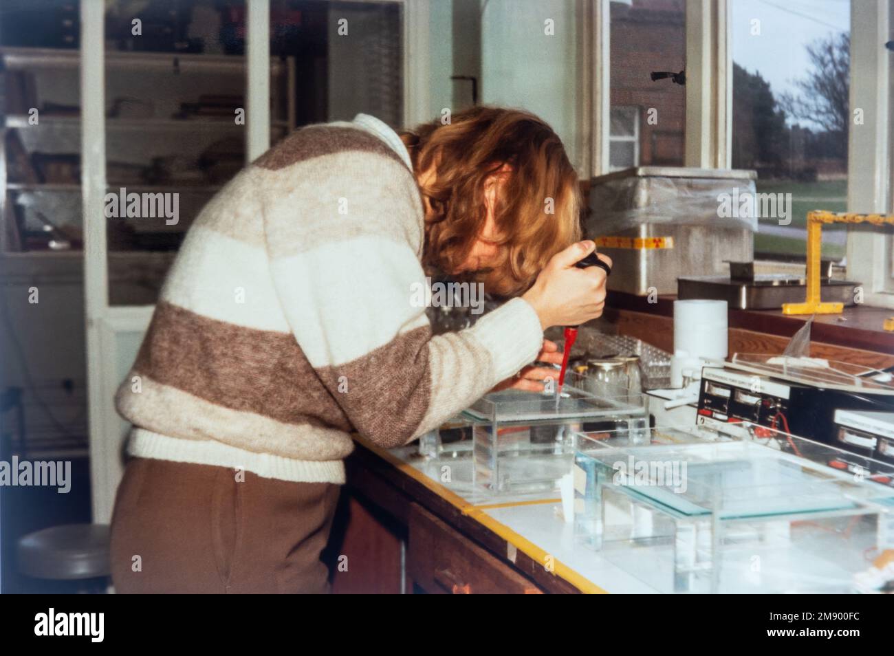 Scientifique travaillant dans un laboratoire de biochimie, chargeant des échantillons d'ADN sur un gel d'agarose, photo d'archives des environs de 1984, Angleterre, Royaume-Uni Banque D'Images