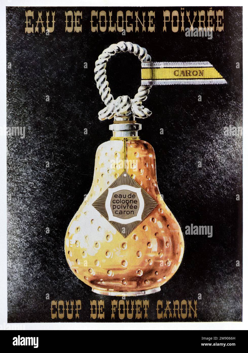Publicité, publicité, publicité ou illustration vintage ou ancienne pour Caron parfum ou eau de Cologne 1956. Illustré avec l'image d'une bouteille de parfum en forme de poire. Publicité 1956 Banque D'Images