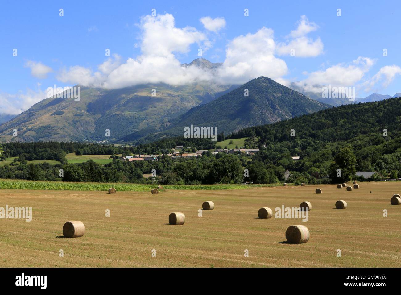 Bulletins de paille dans un champ et Paysage alpin. Chardenot. France. / Balles de paille dans un champ et paysage alpin. Chardenot. France. Banque D'Images