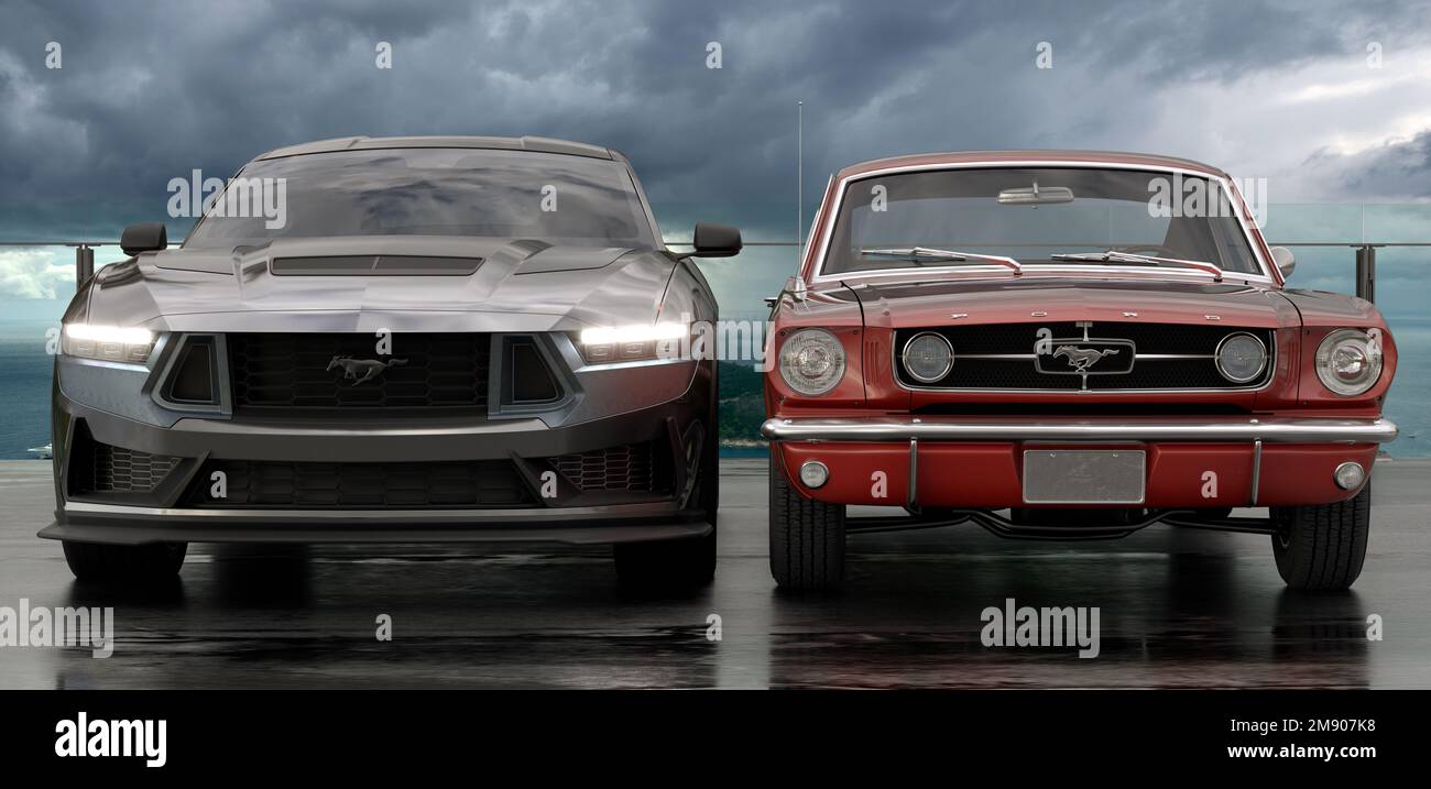 Ford Mustang dans sa dernière version à côté de la Mustang du 1960s Banque D'Images