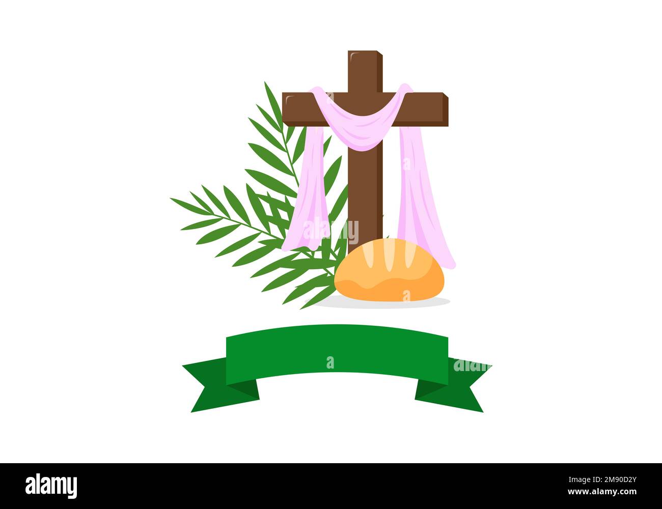 Carte de voeux chrétienne ou bannière de la semaine Sainte avant Pâques. Avec communion, branches de palmier, croix de Jésus-Christ, pain, ruban vert. Carte postale religieuse. Illustration vectorielle Illustration de Vecteur