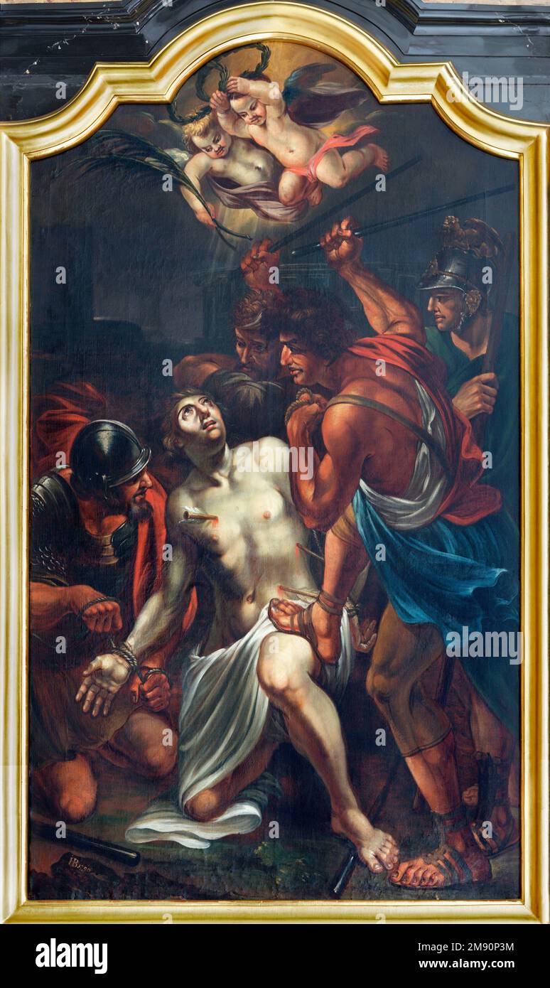 LUCERNE, SUISSE - JUNY 24, 2022: Le martyre de peinture de Saint Sebastian dans l'église Franziskanerkirche par l'auteur I. B. initiales (1790). Banque D'Images