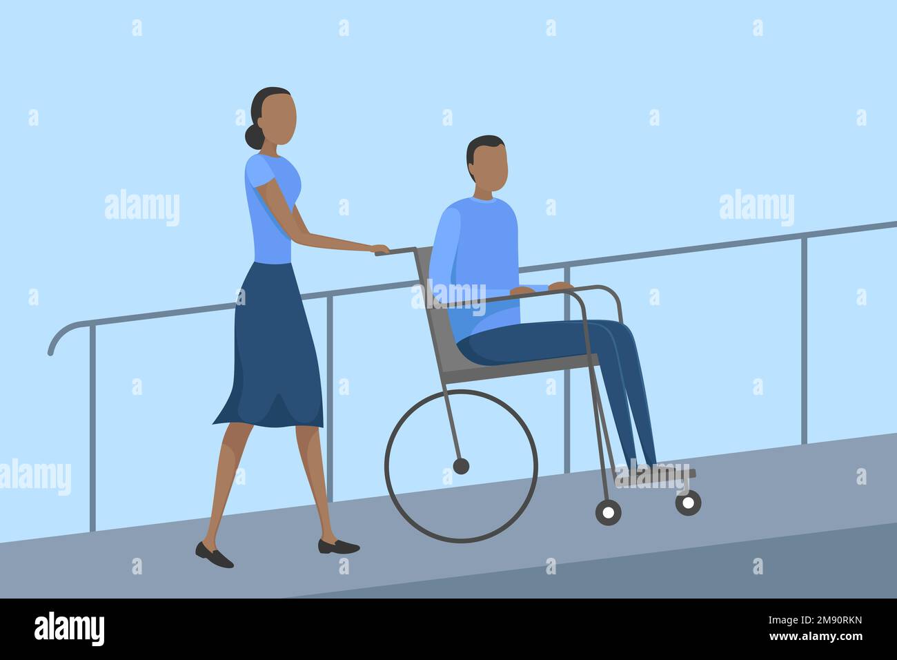 Aide poussant le fauteuil roulant avec une personne handicapée sur la rampe. Illustration vectorielle. Illustration de Vecteur