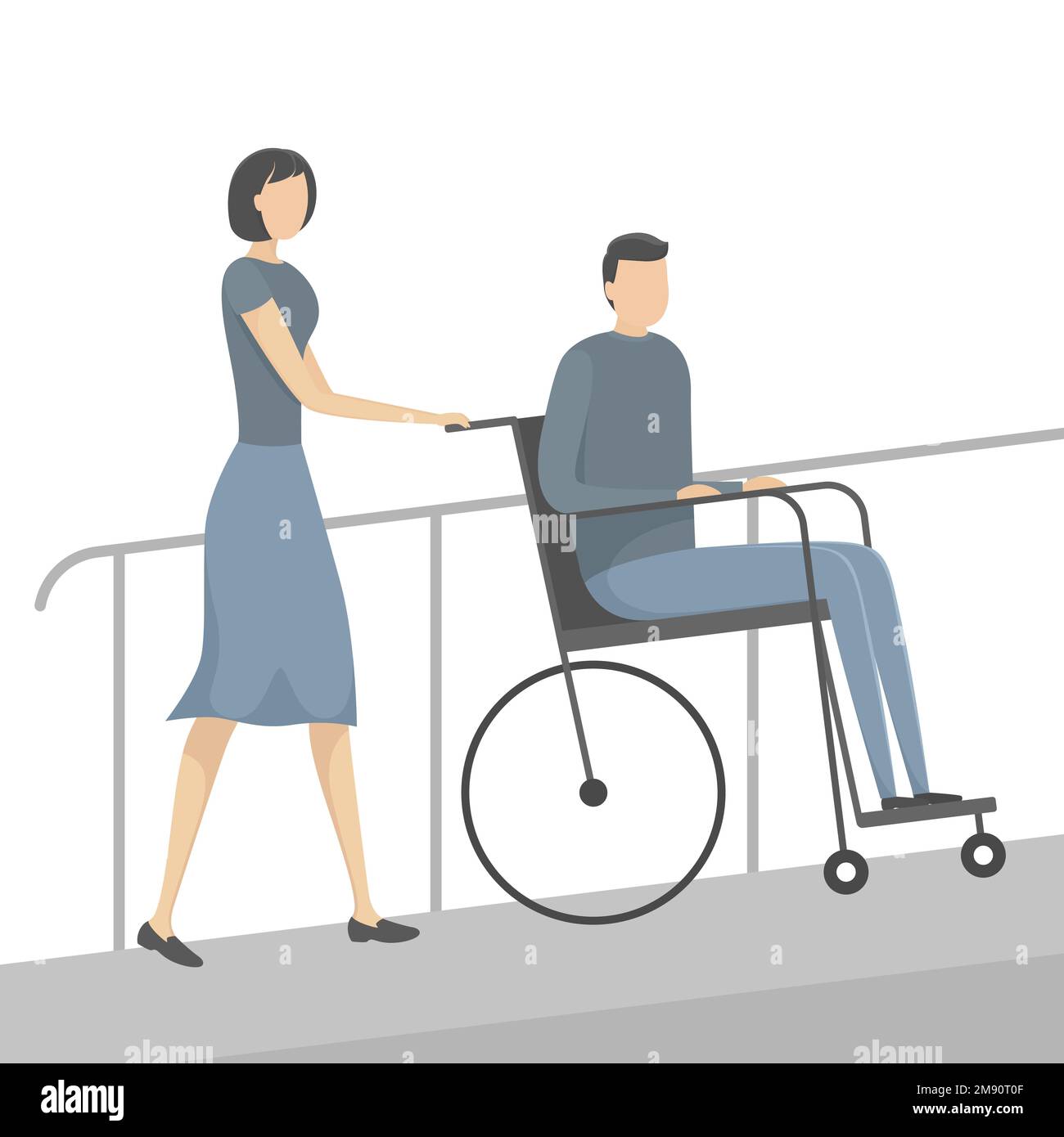 Un assistant poussant un fauteuil roulant avec une personne handicapée sur la rampe. Illustration vectorielle. Illustration de Vecteur