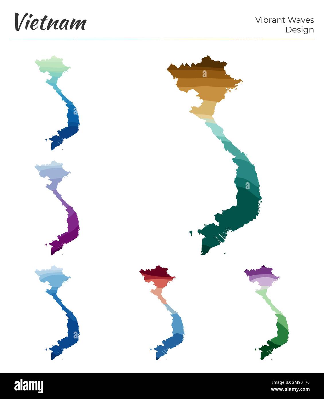 Ensemble de cartes vectorielles du Vietnam. Motif vagues éclatantes. Carte lumineuse du pays dans le style des courbes lisses géométriques. Illustration de Vecteur
