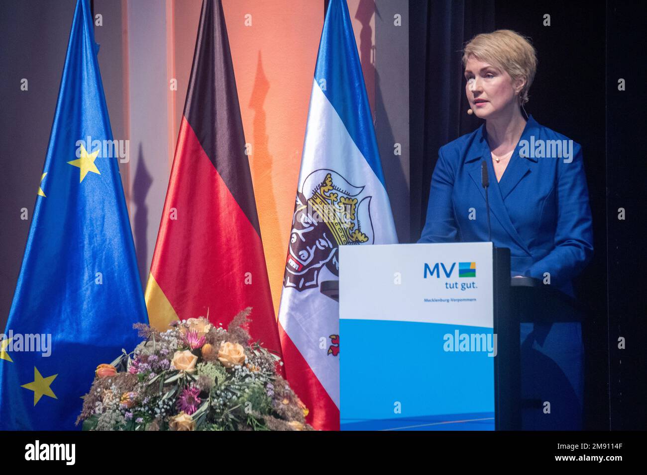 Greifswald, Allemagne. 16th janvier 2023. Manuela Schwesig (SPD), ministre présidente de Mecklembourg-Poméranie occidentale, s'exprime à l'accueil du nouvel an du gouvernement de l'État. Credit: Stefan Sauer/dpa/Alay Live News Banque D'Images