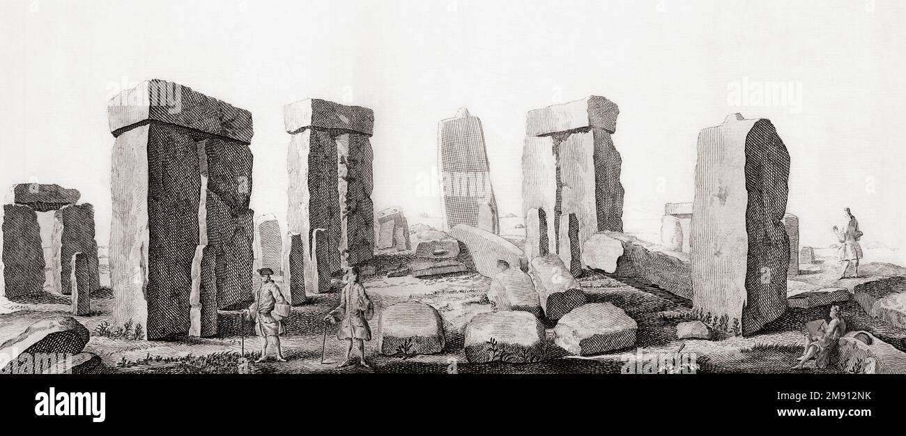Stonehenge, Wiltshire, Angleterre. Le monument préhistorique de l'âge de bronze est censé dater d'environ 3000 - 2000 av. J.-C. Après une gravure du 18th siècle par Andrew Motte après une oeuvre de William Stukeley. Banque D'Images