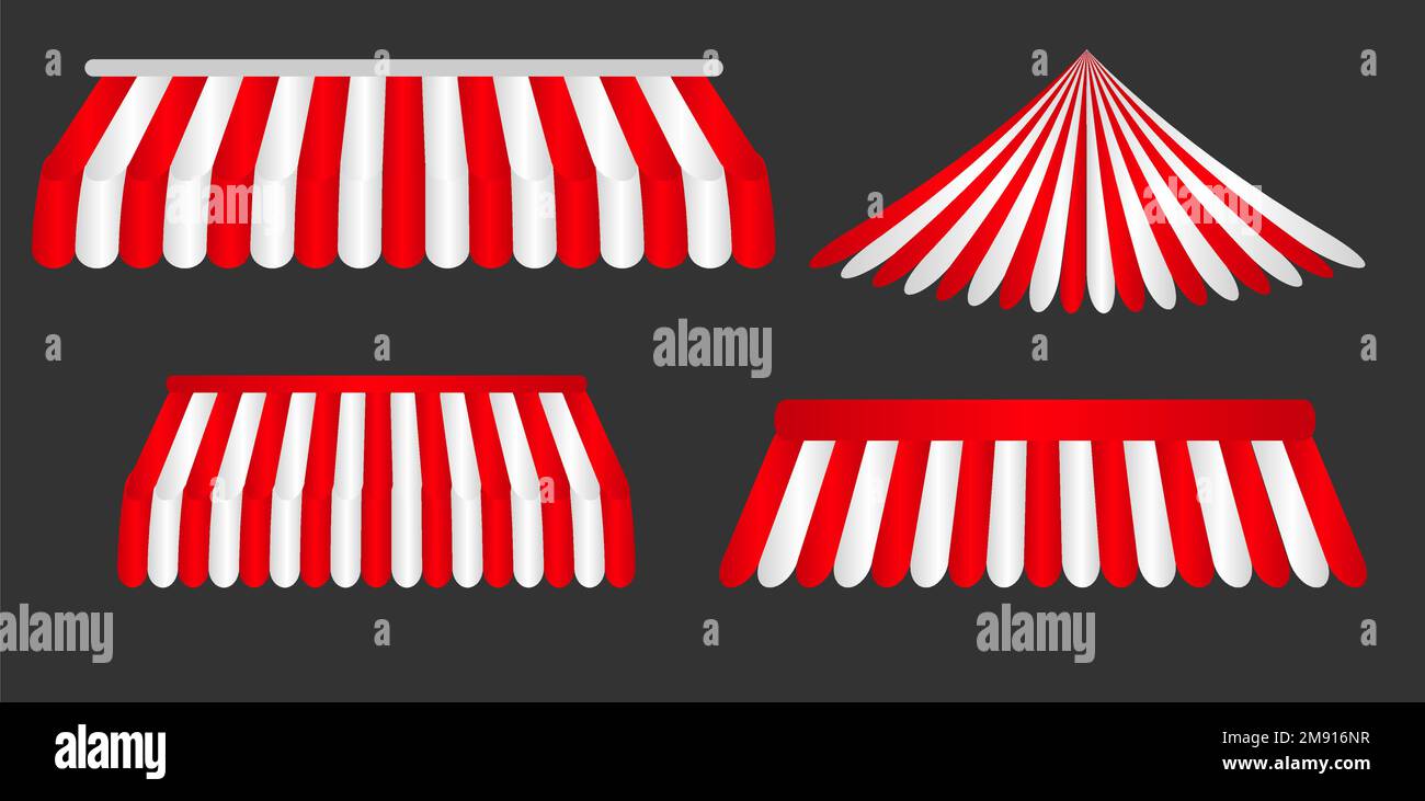 Modèle d'ensemble d'auvent à rayures rouges et blanches pour magasin, restaurant, kiosque, café, maquette sur fond transparent, illustration vectorielle. Illustration de Vecteur