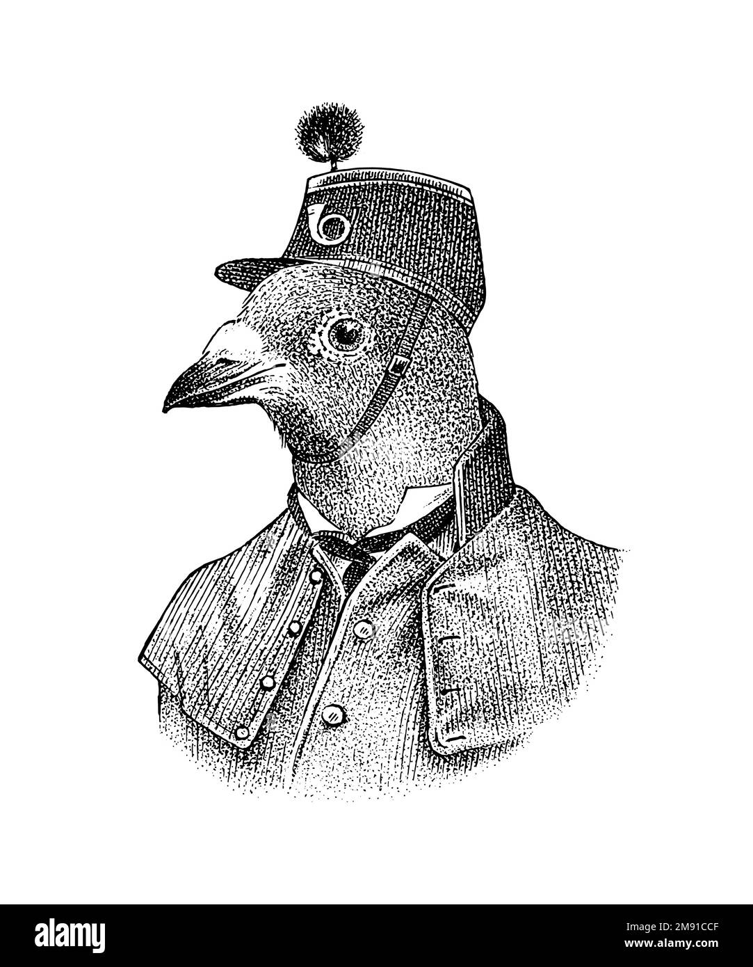 Pigeon dans un chapeau. L'homme en costume. Aristocrate à la mode. Oiseau dessiné à la main. Ancienne esquisse monochrome gravée. Illustration de Vecteur