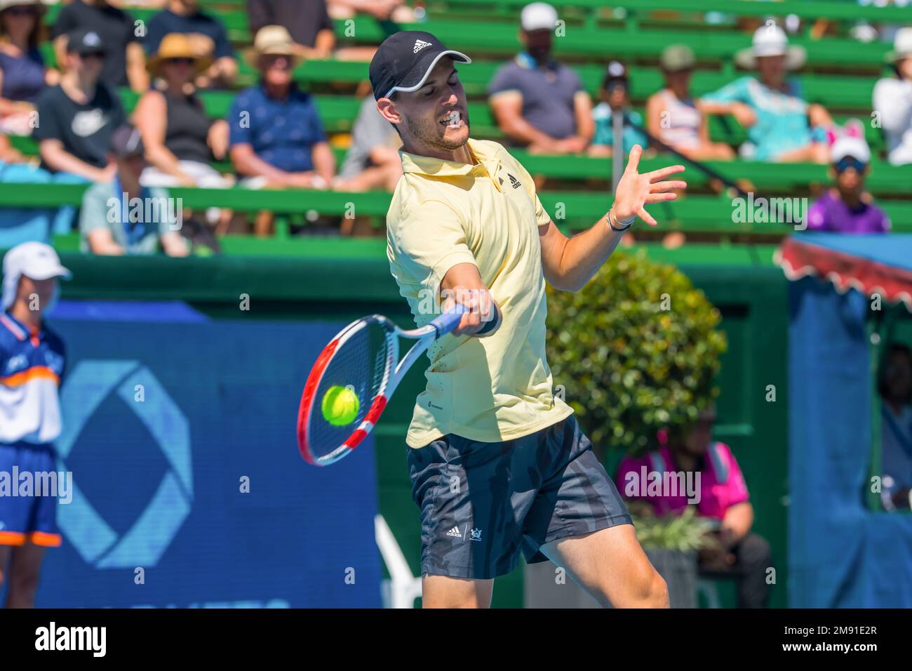 Dominic Thiem d'Autriche en action lors du match d'ouverture du jour 2 du tournoi de tennis classique de Kooyong contre Francis Tiafoe des États-Unis au club de tennis de Kooyong Lawn. Kooyong Classic Day 2 - pour commencer la partie de la journée, Dominic Thiem autrichien a remporté une victoire confortable, battant le numéro mondial américain 17 Francis Tiafoe. Malgré une forte tendance récente de la part des Américains et une première étape serrée, Thiem a tiré parti de ses opportunités de point d'arrêt au début de la seconde étape, l'aidant à se lancer dans une victoire en ligne droite (7-6, 6-2). Banque D'Images