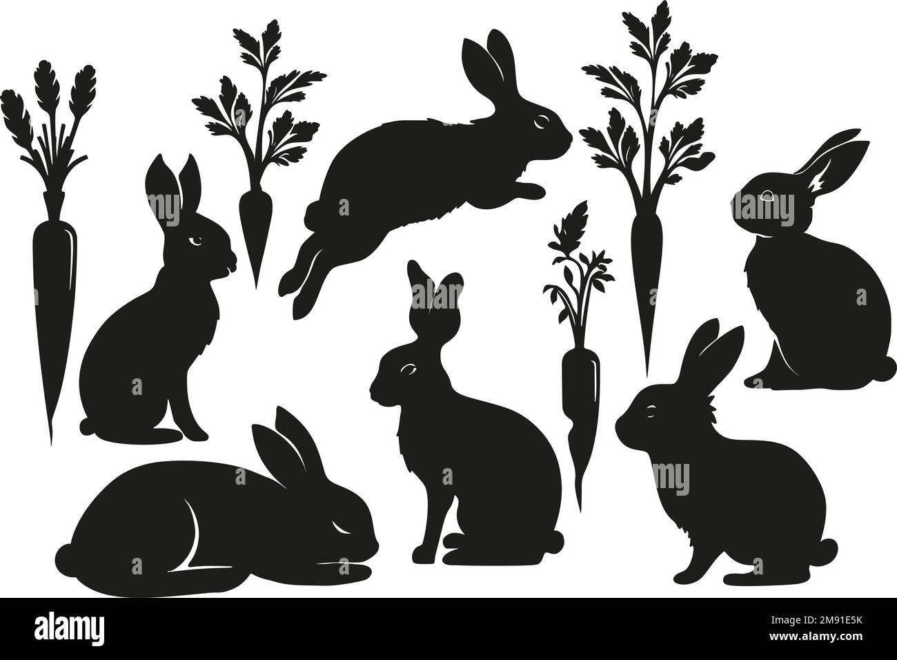 Ensemble de silhouette de lapin et de carotte, collection de motifs printaniers à motif de forme noire d'oreille d'animal de Pâques Illustration de Vecteur