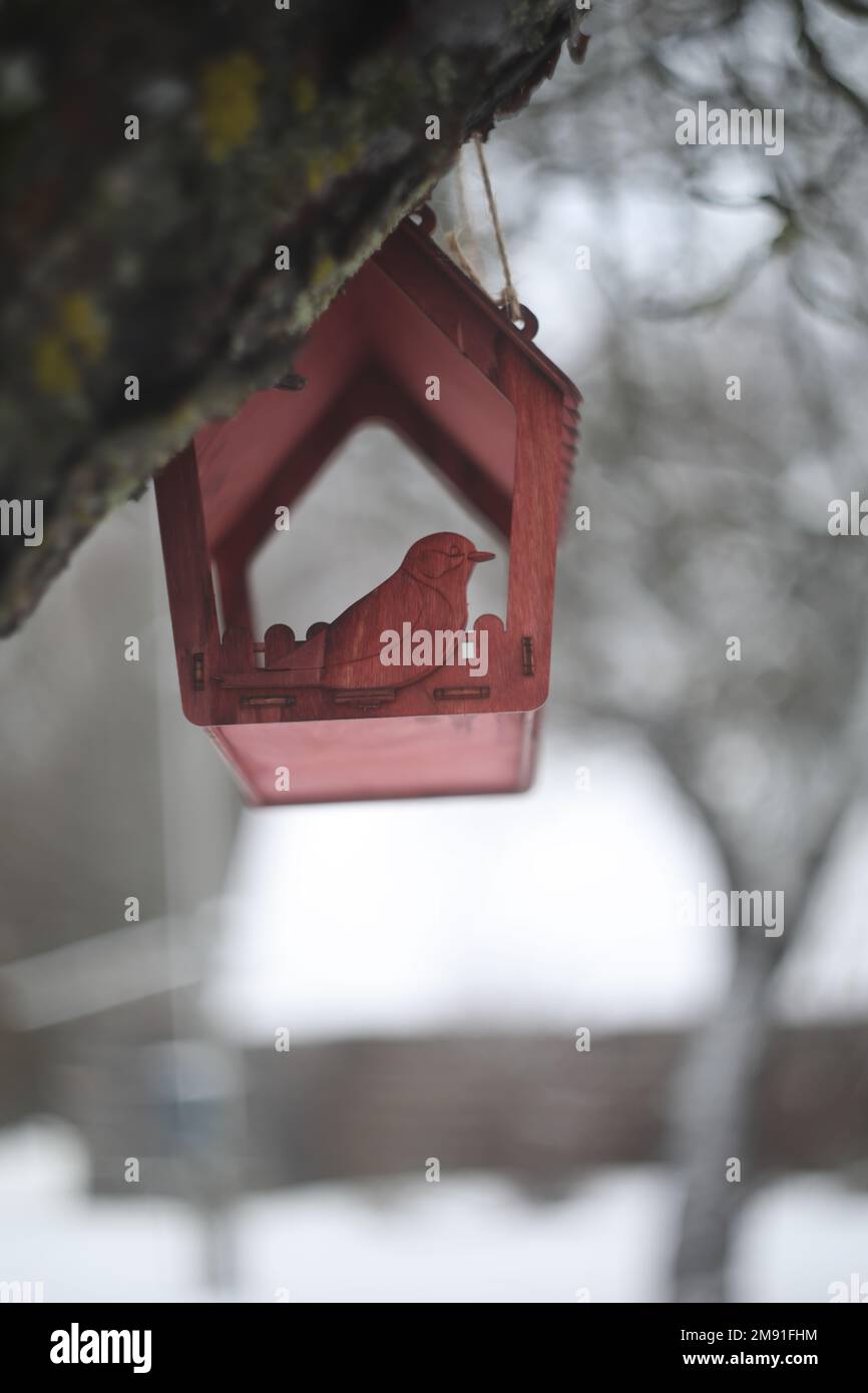 Gros plan d'un mangeoire à oiseaux sur un arbre sous la neige dans la forêt. Banque D'Images