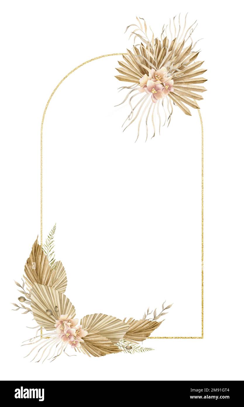 Aquarelle florale cadre avec fleurs séchées et feuilles de palmier en style boho. Jardin tropical tchèque exotique dessiné à la main Border sur un fond isolé avec une ligne dorée. Modèle pour cartes de vœux ou mariage. Banque D'Images