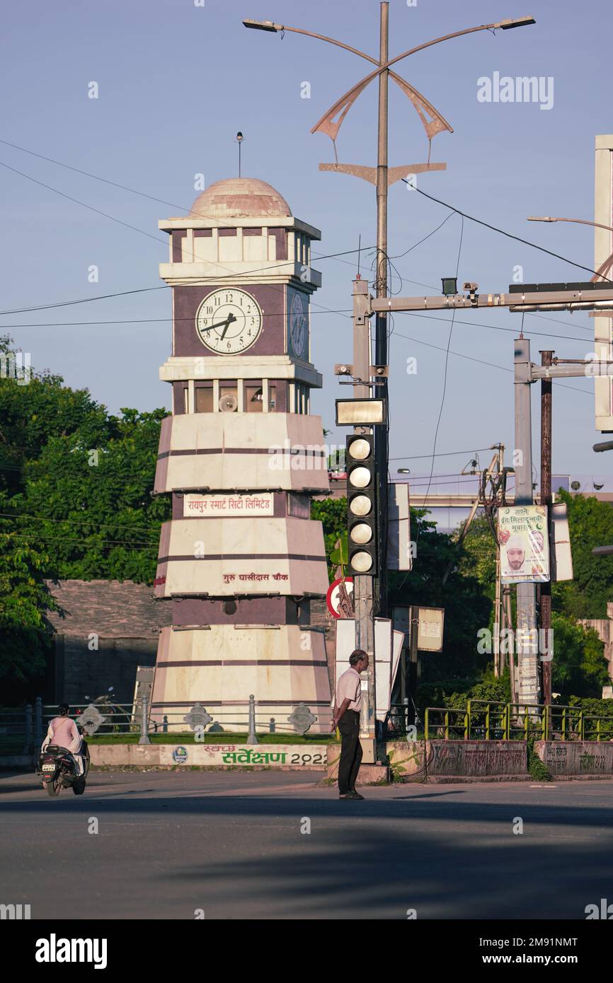 1 janvier 2023, Ghandi chowk, route, raipur, chhattisgarh, ghadi chowk de raipur, une tour d'horloge de raipur, Guru Ghasidas Time Square de raipur, Smart cit Banque D'Images