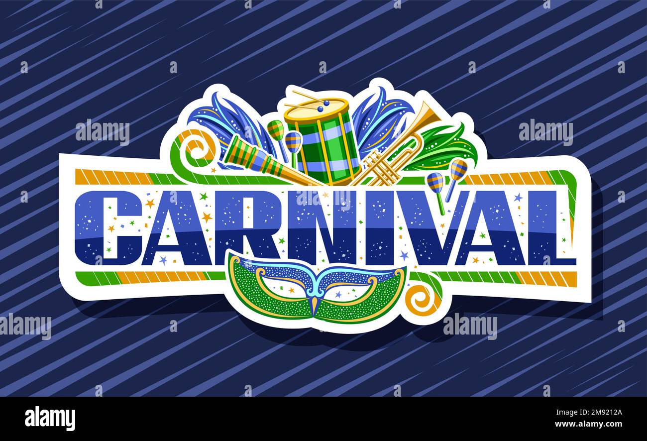 Bannière vectorielle pour Carnaval, badge horizontal blanc avec illustrations du masque de carnaval vert de venise, instruments de musique, confetti décoratifs et uniq Illustration de Vecteur