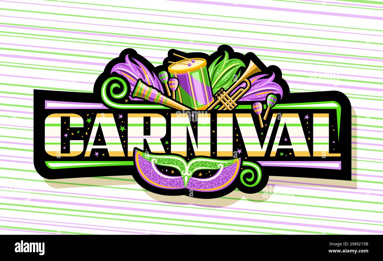 Bannière vectorielle pour Carnaval, signe horizontal noir avec des illustrations de masque de carnaval de venise violet, instruments de musique, confetti décoratifs et uniq Illustration de Vecteur