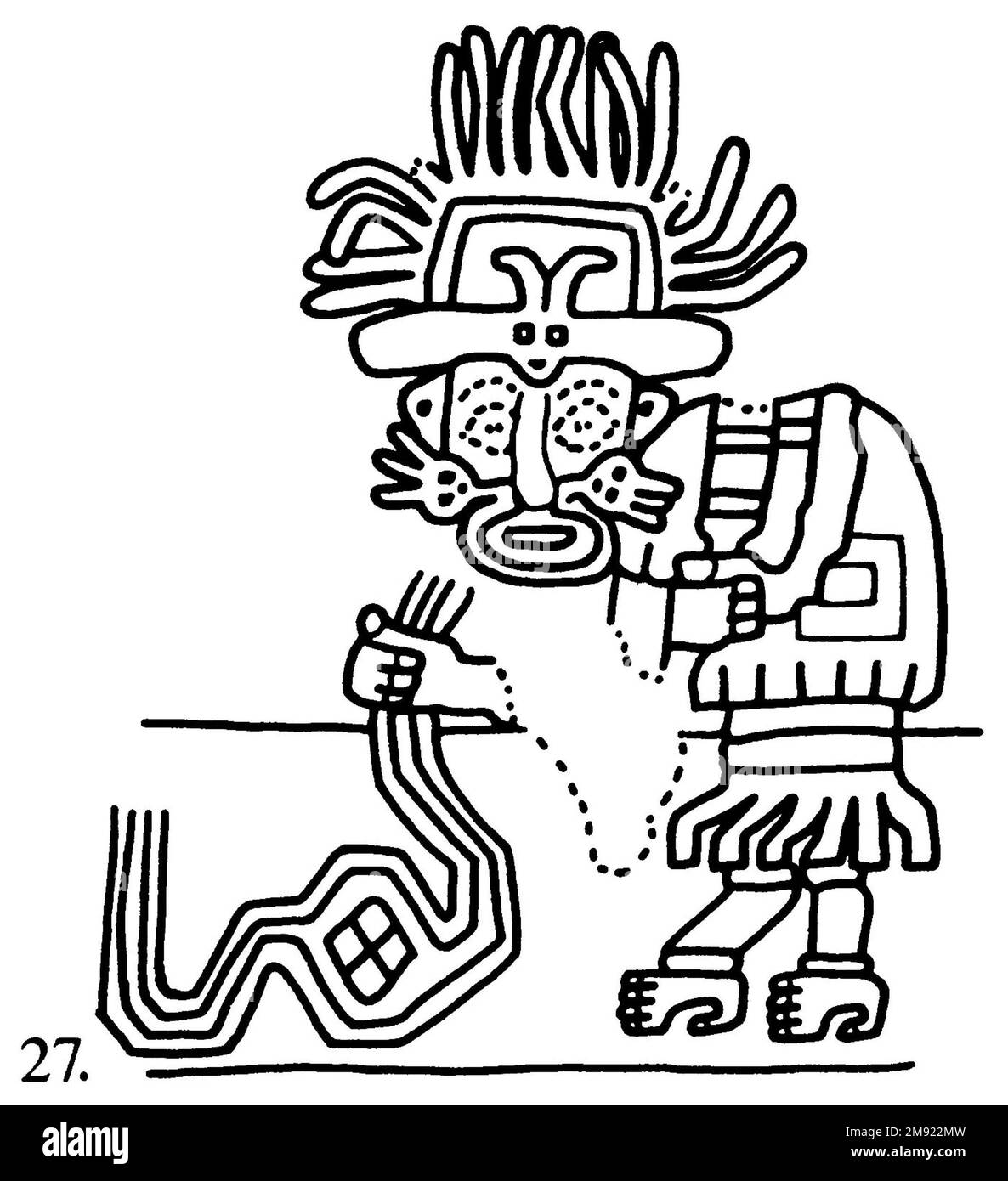 Manteau ('le textile Paracas') Nasca. Mantle ('The Paracas textile'), 100-300 C.E. Coton, fibre camélide, 24 5/8 × 58 11/16 po. (62,5 × 149 cm). Ce manteau extraordinairement complexe, ou manteau, est l'un des textiles andins les plus renommés au monde. Il a probablement été utilisé comme objet de cérémonie. Les quatre-vingt-dix personnages qui décorent la frontière, créés par le tricotage à l’aiguille, ont été interprétés comme un microcosme de vie sur la côte sud du Pérou il y a deux mille ans, avec un accent particulier sur l’agriculture. Bon nombre des images illustrent la flore et la faune indigènes ainsi que les plantes cultivées. Personnages costumés Banque D'Images