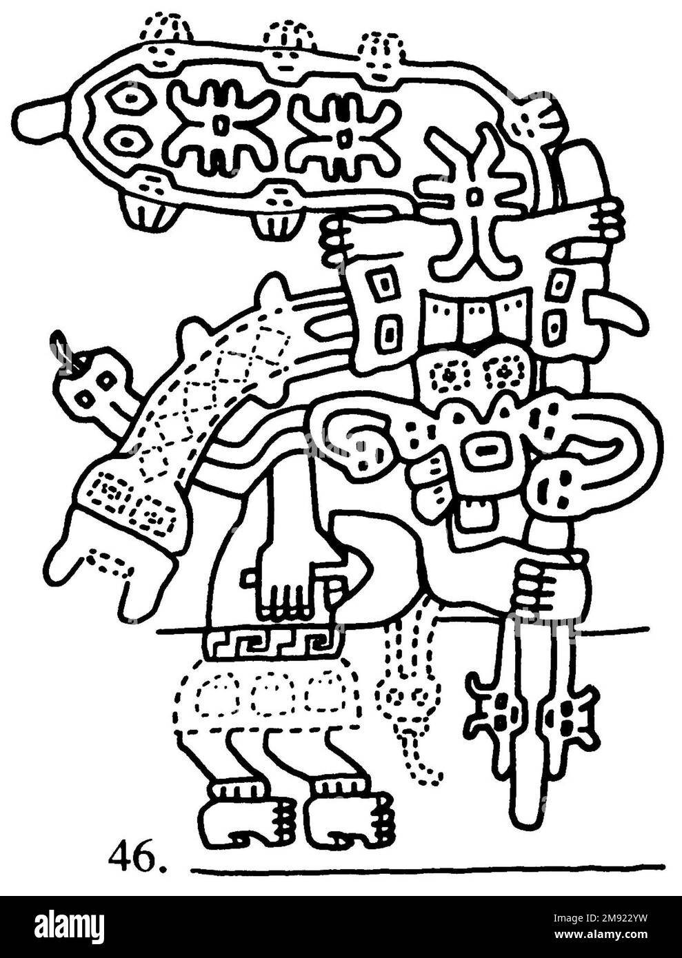 Manteau ('le textile Paracas') Nasca. Mantle ('The Paracas textile'), 100-300 C.E. Coton, fibre camélide, 24 5/8 × 58 11/16 po. (62,5 × 149 cm). Ce manteau extraordinairement complexe, ou manteau, est l'un des textiles andins les plus renommés au monde. Il a probablement été utilisé comme objet de cérémonie. Les quatre-vingt-dix personnages qui décorent la frontière, créés par le tricotage à l’aiguille, ont été interprétés comme un microcosme de vie sur la côte sud du Pérou il y a deux mille ans, avec un accent particulier sur l’agriculture. Bon nombre des images illustrent la flore et la faune indigènes ainsi que les plantes cultivées. Personnages costumés Banque D'Images
