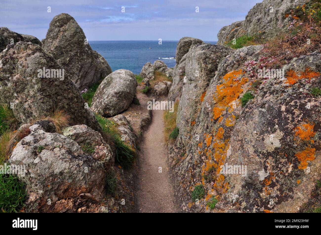 Le sentier côtier entre Nanjizal et la fin des terres passe à travers des roches de granit couvertes de lichen, dans la région de Penwith ouest de Cornwall, au Royaume-Uni Banque D'Images