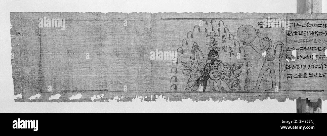 Scène d'un papyrus magique scène d'un papyrus magique, 664-525 B.C.E. Papyrus, encre, total : 4 15/16 × 92 11/16 po (12,5 × 235,5 cm). La créature aigée debout vue ici est connue sous le nom de figurine BES à tête naine, protecteur divin de la naissance du roi et du soleil. Cette forme de BES était étroitement associée à la partie nocturne du cycle solaire. Il a donc également joué un rôle important de gardien des femmes et des enfants qui dorment, en particulier contre les dangers de la nuit, représentés ici par les créatures nocives contenues dans l'ovale sur lequel il se tient. Le foyer Banque D'Images