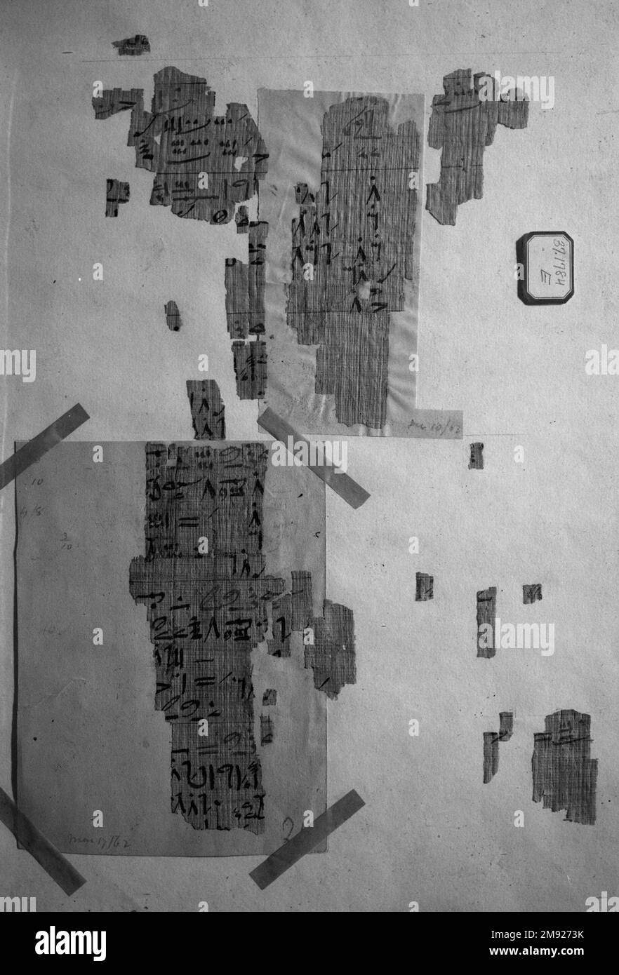 Fragments de Rhind Mathématique Papyrus fragments de Rhind Mathématique Papyrus, ca. 1493-1481 B.C.E. Papyrus, encre, plus grand fragment : 6 5/16 x 3 3/8 po. (16 x 8,5 cm). Ce papyrus était très probablement un manuel de référence mathématique pour l'utilisation des scribes. Ces fragments se sont séparés du papyrus principal lorsque le rouleau a été divisé en deux parties, probablement au moment de sa découverte au milieu du XIXe siècle. Les fragments vus dans le registre supérieur, et ceux sur la droite, sont de la fin d'une section qui traite de la simplification des fractions. Les fragments dans les cinq lowe Banque D'Images