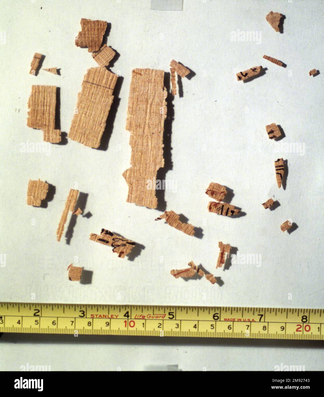 Fragments de Rhind Mathématique Papyrus fragments de Rhind Mathématique Papyrus, ca. 1493-1481 B.C.E. Papyrus, encre, plus grand fragment : 6 5/16 x 3 3/8 po. (16 x 8,5 cm). Ce papyrus était très probablement un manuel de référence mathématique pour l'utilisation des scribes. Ces fragments se sont séparés du papyrus principal lorsque le rouleau a été divisé en deux parties, probablement au moment de sa découverte au milieu du XIXe siècle. Les fragments vus dans le registre supérieur, et ceux sur la droite, sont de la fin d'une section qui traite de la simplification des fractions. Les fragments dans les cinq lowe Banque D'Images