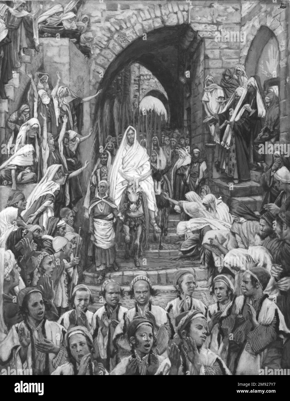 La procession dans les rues de Jérusalem (le cortège dans les rues de Jérusalem) James Tissot (français, 1836-1902). La procession dans les rues de Jérusalem (le cortège dans les rues de Jérusalem), 1886-1894. Aquarelle opaque sur graphite sur papier vélin gris, image : 8 7/8 x 6 15/16 po. (22,5 x 17,6 cm). Assis à cheval sur un âne, Jésus entre à Jérusalem pendant la saison de la Pâque en triomphe, recevant l'acclamation de ses disciples, qui l'appellent le prophète de Nazareth et place des vêtements ou d'autres textiles dans son chemin, un hommage typiquement réservé aux rois. Les multitudes enregistrent également le Banque D'Images