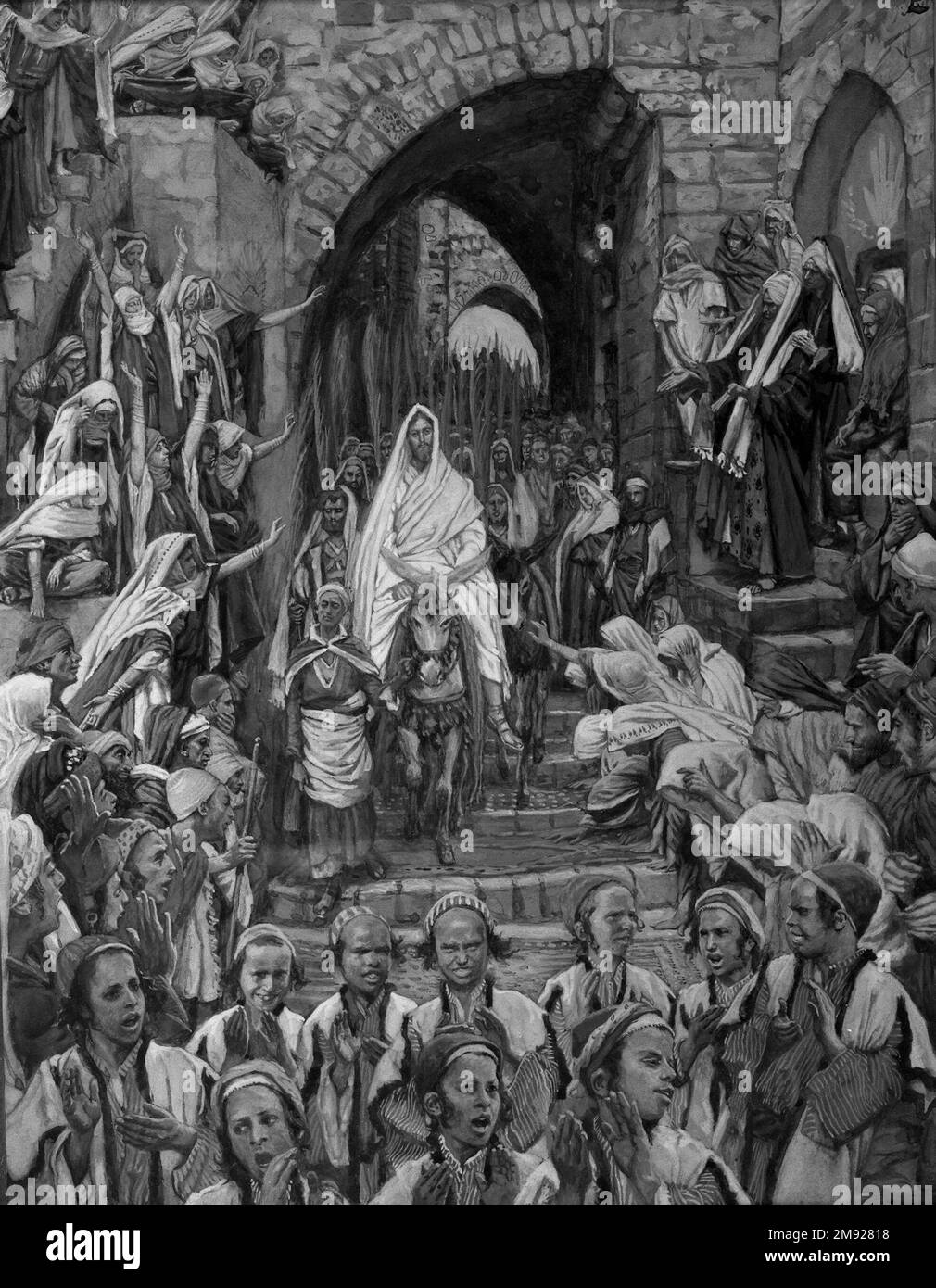 La procession dans les rues de Jérusalem (le cortège dans les rues de Jérusalem) James Tissot (français, 1836-1902). La procession dans les rues de Jérusalem (le cortège dans les rues de Jérusalem), 1886-1894. Aquarelle opaque sur graphite sur papier vélin gris, image : 8 7/8 x 6 15/16 po. (22,5 x 17,6 cm). Assis à cheval sur un âne, Jésus entre à Jérusalem pendant la saison de la Pâque en triomphe, recevant l'acclamation de ses disciples, qui l'appellent le prophète de Nazareth et place des vêtements ou d'autres textiles dans son chemin, un hommage typiquement réservé aux rois. Les multitudes enregistrent également le Banque D'Images