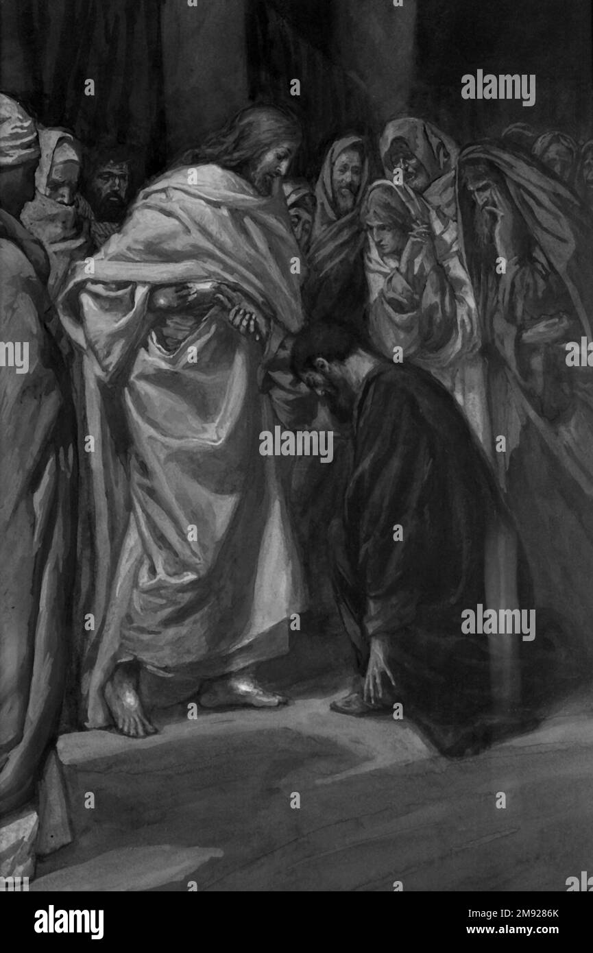 L'incrédulité de Saint Thomas James Tissot (français, 1836-1902). L'incrédulité de Saint Thomas (crédit de Saint Thomas), 1886-1894. Aquarelle opaque sur graphite sur papier vélin gris, image : 7 13/16 x 5 5/16 po. (19,8 x 13,5 cm). L'apôtre Thomas, qui avait reçu la nouvelle mais pas une visite du Christ ressuscité, refuse de croire à la réalité de la Résurrection. Quand le Christ apparaît de nouveau aux disciples, Thomas n'est toujours pas convaincu et, pour confirmation, veut mettre ses doigts dans les blessures du Christ. Jésus l'invite à faire juste cela, mais ensuite se reprocher Banque D'Images