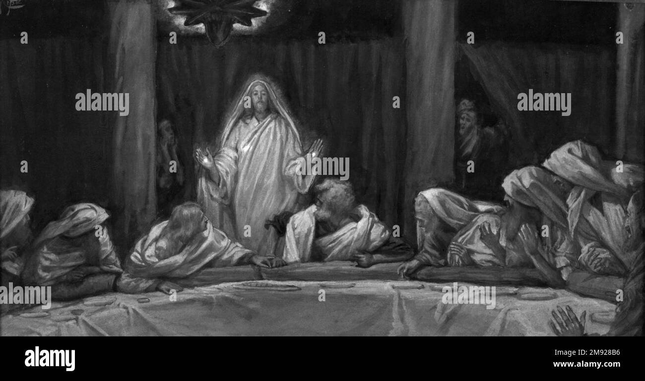 L'apparition du Christ au cénacle James Tissot (français, 1836-1902). L'apparition du Christ au cénacle (Appartion du Christ au cénacle), 1886-1894. Aquarelle opaque sur graphite sur papier vélin gris, image : 5 1/2 x 10 1/4 po. (14 x 26 cm). Christ apparaît à ses disciples au cénacle, la salle supérieure où ils avaient partagé la Cène. Exposant ses blessures brillantes, Jésus se révèle à eux—à leur plaisir et à leur merveille—tandis que les serviteurs qui tendent les disciples pairs à travers les rideaux dans l'étonnement. Art européen 1886-1894 Banque D'Images