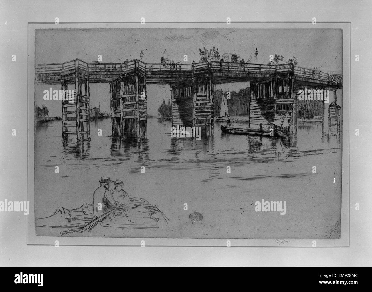 Pont Old Putney James Abbott McNeill Whistler (américain, 1834-1903). Vieux pont Putney, 1879. Encre noire sur papier laidpaper fait à la main avec un filigrane et un contremarque, image: 8 x 11 3/4 po. (20,3 x 29,8 cm). Un des principaux promoteurs de l'esthétisme et du Japonisme, James McNeill Whistler a également contribué à revitaliser la gravure en tant que poursuite sérieuse et créative. Son appréciation pour ce milieu a été encouragée, en partie, par une étude approfondie des gravures par le maître hollandais Rembrandt du XVIIe siècle. Pour sa propre production prolifique, Whistler se rendit souvent dans les rues de Londres (où il s'installa en 1859), capturant la ville Banque D'Images