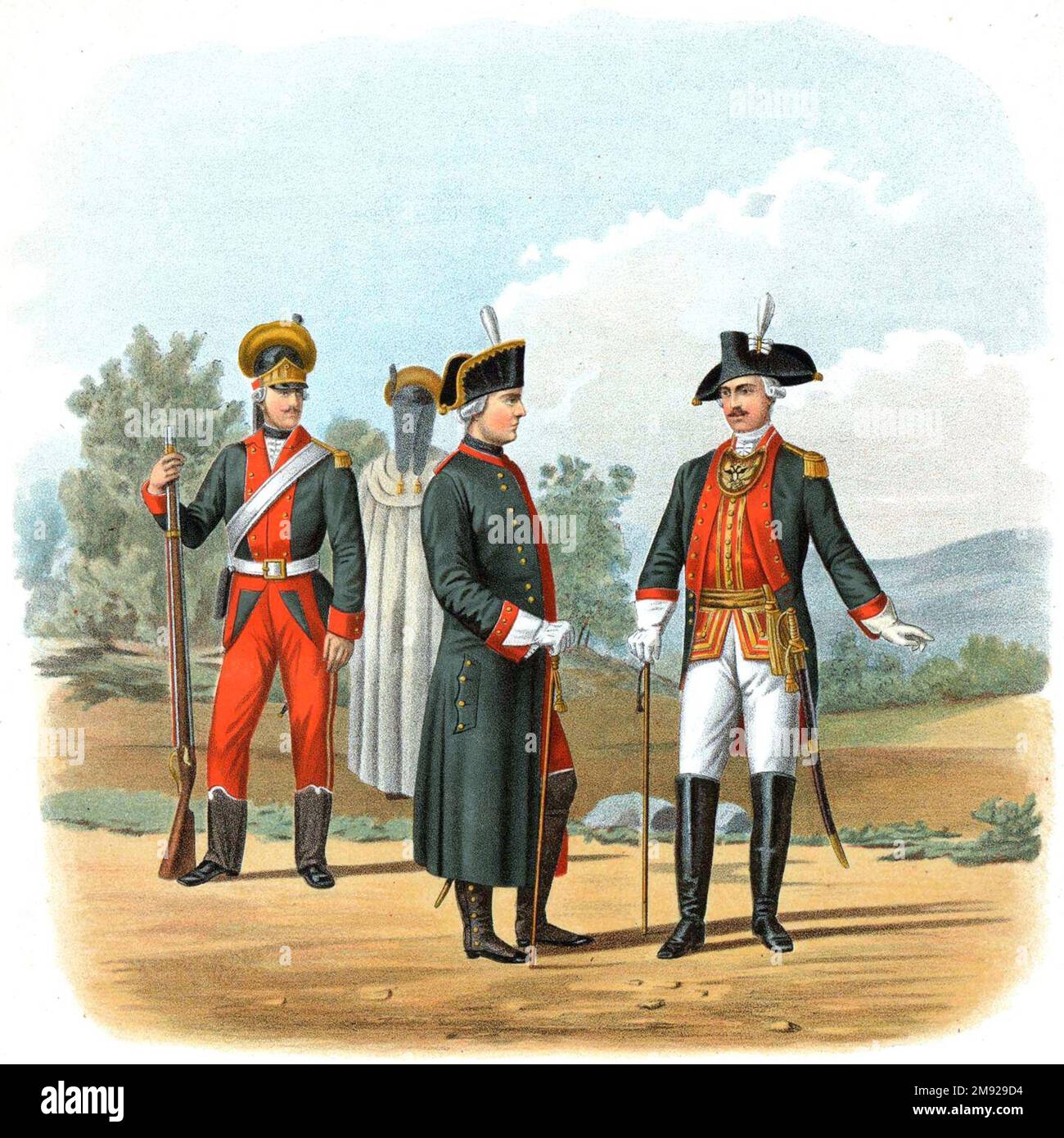 Régiment de Grenadier de Moscou. 1790-1796. Grenadier en uniforme de robe, grenadier en pardessus, officier d'état-major en manteau de grenouille, officier d'état-major en uniforme de robe. env. imprimé avant 1890 Banque D'Images