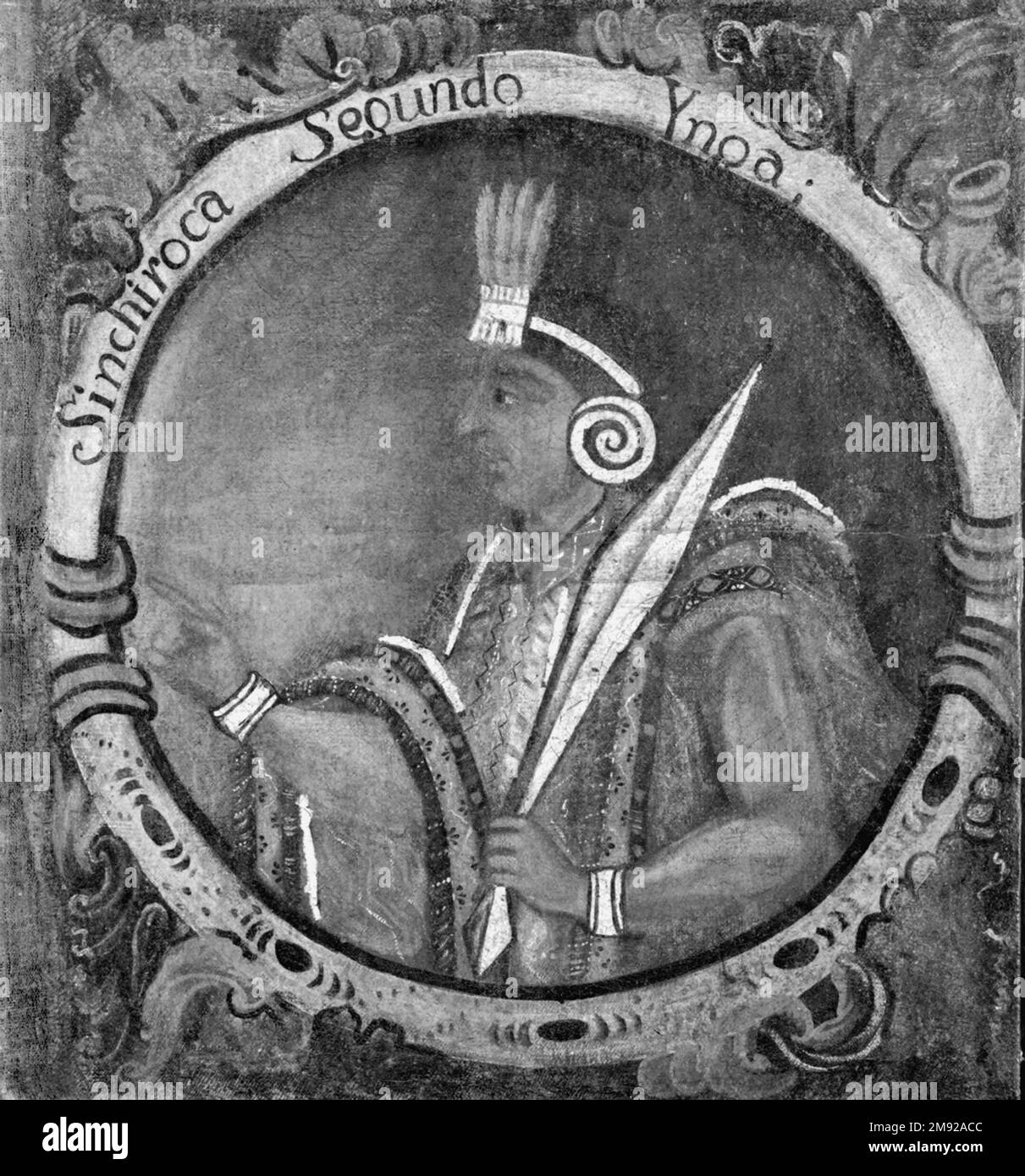 Sinchi Roca, deuxième Inca, 1 des 14 Portraits de Inca Kings Unknown. Sinchi Roca, deuxième Inca, 1 des 14 Portraits de Rois Inca, mi-18th siècle (probablement). Huile sur toile, 23 5/8 x 21 11/16in. (60 x 55,1cm). Le fond bleu de ces douze portraits de rois Incas aurait pu être produit avec une variété de pigments qui étaient disponibles dans la Viceroyalty du Pérou au XVIIIe siècle: Bleu prussien, d'Allemagne; indigo, des Amériques; et smalt, Importé d'Europe. Dans la Viceroyauté du Pérou, le choix d'un fond bleu pour ces portraits était stratégique, élevant les sujets Banque D'Images