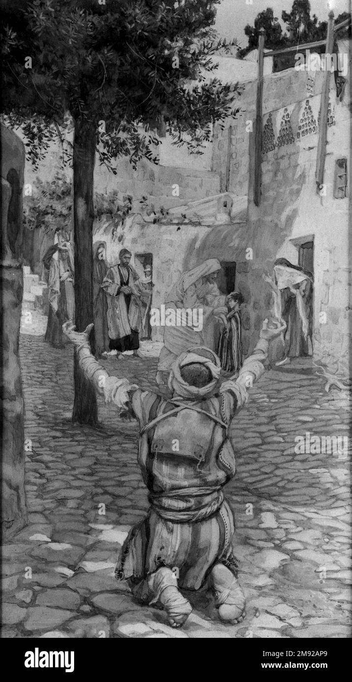 Guérison des lépreux à Capharnaüm (Guérison des lépreux à Capharnaüm) James Tissot (français, 1836-1902). Guérison des lépreux à Capharnaüm (Guérison des lépreux à Capharnaüm), 1886-1894. Aquarelle opaque sur graphite sur papier vélin gris, image : 11 1/4 x 6 3/16 po. (28,6 x 15,7 cm). Cet épisode révèle la préoccupation de Jésus pour les outcasts de la société : dans ce cas, ceux qui sont atteints de la lèpre, une maladie chronique. Le lépreux s'agenouille au premier plan de l'image, ce qui fait son plaidoyer à Jésus avec ses bras bandés levés. Se référant aux lois anciennes concernant les lépreux, Tissot écrit Banque D'Images
