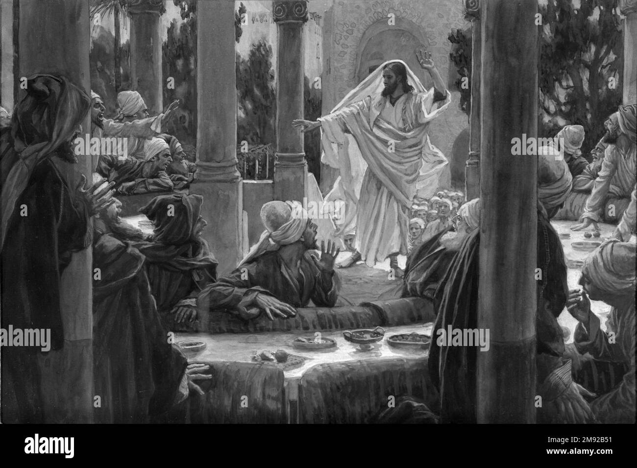Malédictions contre les Pharisiens (Imprécations contre les pharisiens) James Tissot (français, 1836-1902). Malédictions contre les Pharisiens (Imprécations contre les pharisiens), 1886-1896. Aquarelle opaque sur graphite sur papier vélin gris, image : 6 3/8 x 9 3/8 po. (16,2 x 23,8 cm). Quand Jésus dine dans la maison de l'un des Pharisiens, il ne se lave pas les mains si le rituel juif l'exigeait. Quand il est reproché par son hôte, Jésus, à son tour, inculque les Pharisiens pour leur hypocrisie: Leur accent sur l'apparition de la justice par la cérémonie plutôt que sur la croyance vraie. Dans la peinture de Tissot, Jésus co Banque D'Images