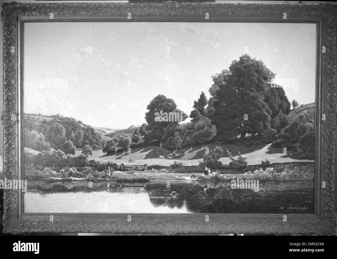 A Meadow in the Bourbonnais, Morning (une Prairie du Bourbonnais, par un effet de matin) Henri-Joseph Harpignies (français, 1819-1916). A Meadow in the Bourbonnais, Morning (une Prairie du Bourbonnais, par un effet de matin), 1876. Huile sur toile, 44 x 66 in. (111,8 x 167,6 cm). Ce vaste paysage du centre de la France a été populaire au salon de Paris de 1876 pour sa représentation de la beauté, de la générosité et des traditions sans âge du pays, y compris la coutume ancienne du blanchiment dans les rivières de la région. De telles images étaient particulièrement rassurantes à une époque où la France était encore sous le choc de la défie humiliante Banque D'Images