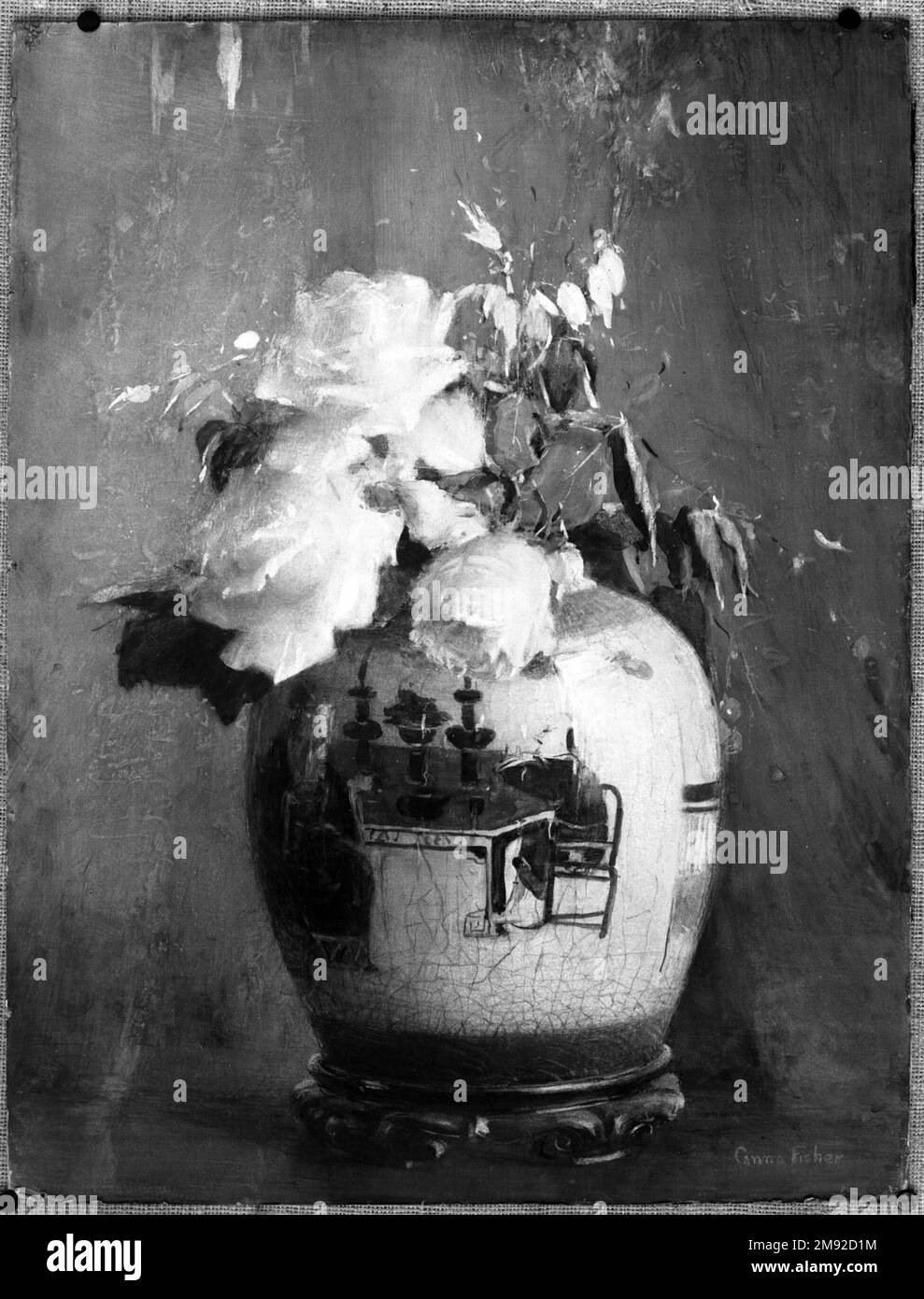 Les roses blanches Anna S. Fisher (américaine, 1873-1942). Les Roses blanches, avant 1922. Aquarelle opaque, graphite, touches de pastel, et touches d'aquarelle transparente sur crème, papier vélin modérément épais légèrement texturé monté sur carton de pâte à papier, 24 15/16 x 19 po. (63,3 x 48,3 cm). Avec sa combinaison de fleurs peintes par un naturel et d’objets asiatiques, cette étonnante aquarelle rappelle les vies encore présentes de John la Farge, et démontre la fascination persistante des artistes occidentaux pour l’art de l’extrême-Orient jusqu’au XXe siècle. Comme la Farge, qui était l'un des plus anciens et des plus anciens Banque D'Images