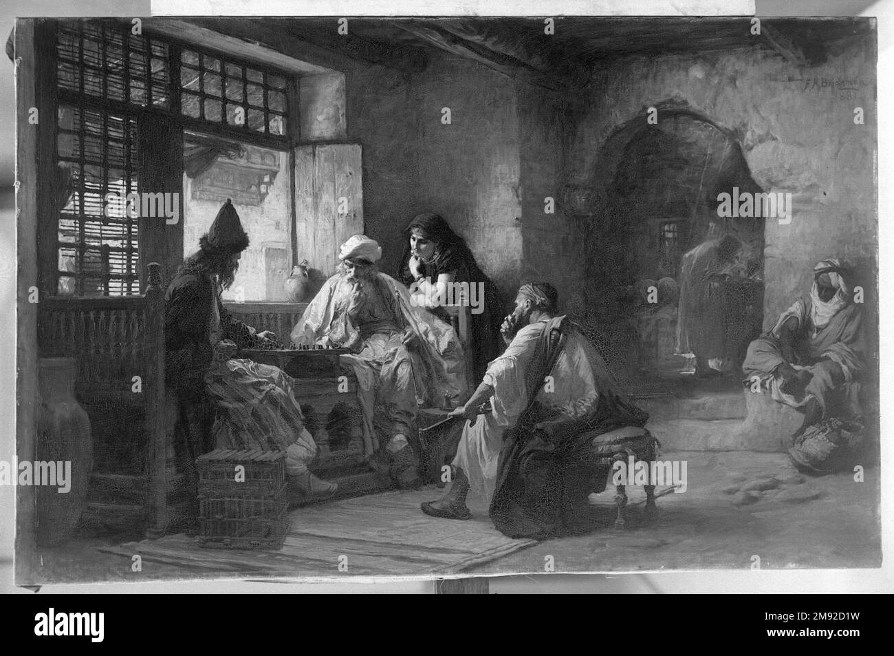 Un jeu intéressant Frederick Arthur Bridgman (américain, 1847-1928). Un jeu intéressant, 1881. Huile sur toile, 37 3/16 x 57 11/16 in. (94,4 x 146,6 cm). Les représentations du Moyen-Orient ont été très populaires au cours du XIXe siècle. Frederick Arthur Bridgman avait l'intention d'évoquer un café du Caire dans ce tableau, avec ses détails architecturaux et ses costumes. Comme c’était le cas pour le tableau de William Merritt Chase à proximité, cependant, le véritable cadre était le studio de l’artiste. Bridgman a peint cette scène à Paris et a inclus des souvenirs de ses voyages en Algérie. Le travail a reçu des éloges à la fois pour son maître Banque D'Images