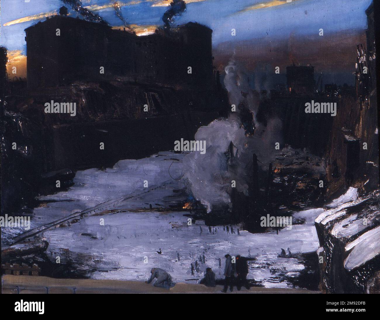 Pennsylvania Station excavation George Wesley Bellows (américain, 1882-1925). Pennsylvania Station excavation, env. 1907-1908. Huile sur toile, 31 3/16 x 38 1/4 in. (79,2 x 97,1 cm). Entre 1907 et 1909, George Wesley Bellows a réalisé une série de quatre toiles consacrées à l'excavation de Pennsylvania Station dans Midtown Manhattan. Dans cette version, les ouvriers sont éclipsés par la fosse béante qu'ils ont créée alors qu'ils déchirent l'ancien New York afin du construire à nouveau. La palette sombre et les brushwork vigoureux, associés à l'atmosphère froide d'hiver et à des panaches de vapeur et de fumée, prêtent à ajouter Banque D'Images