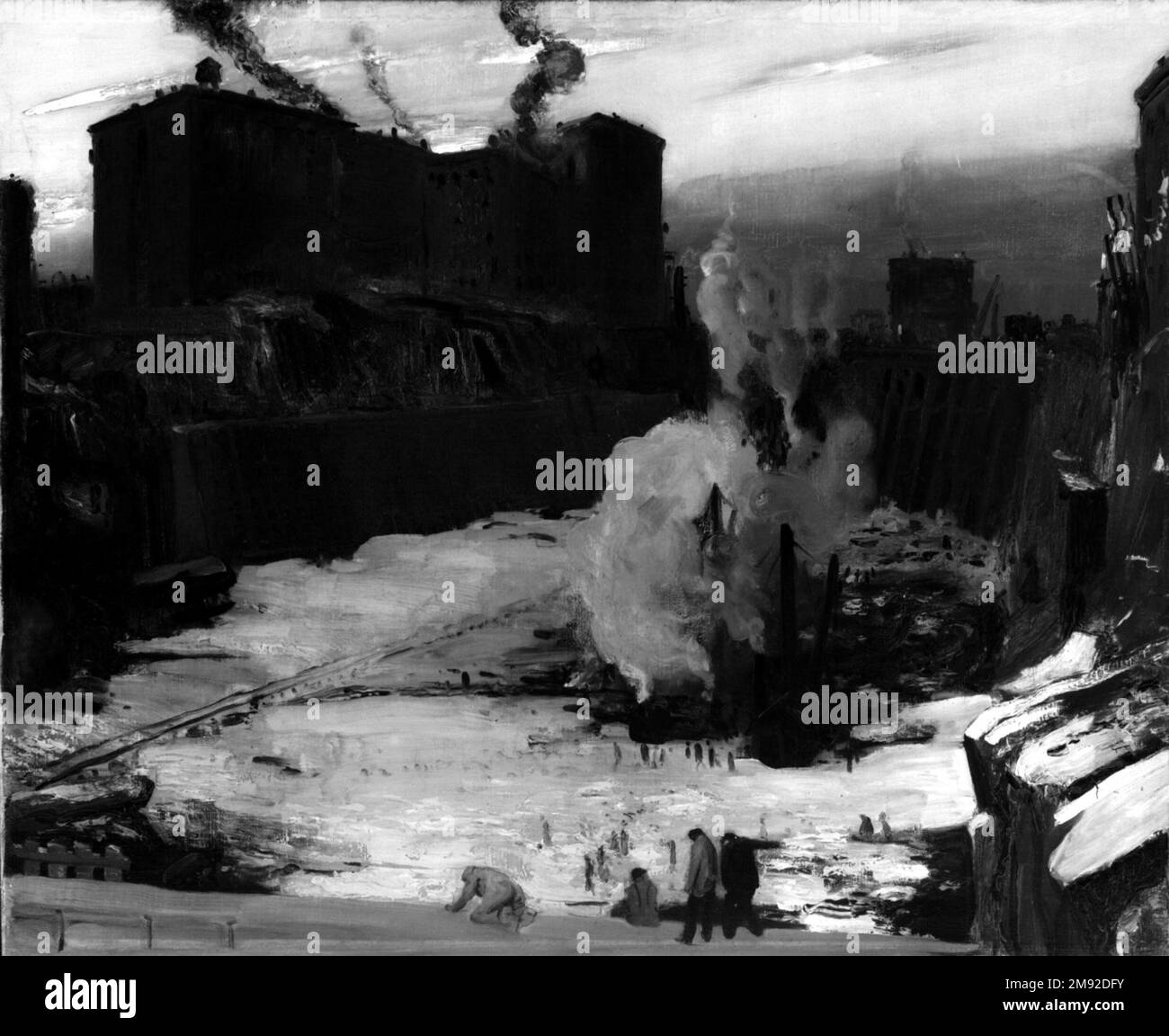 Pennsylvania Station excavation George Wesley Bellows (américain, 1882-1925). Pennsylvania Station excavation, env. 1907-1908. Huile sur toile, 31 3/16 x 38 1/4 in. (79,2 x 97,1 cm). Entre 1907 et 1909, George Wesley Bellows a réalisé une série de quatre toiles consacrées à l'excavation de Pennsylvania Station dans Midtown Manhattan. Dans cette version, les ouvriers sont éclipsés par la fosse béante qu'ils ont créée alors qu'ils déchirent l'ancien New York afin du construire à nouveau. La palette sombre et les brushwork vigoureux, associés à l'atmosphère froide d'hiver et à des panaches de vapeur et de fumée, prêtent à ajouter Banque D'Images