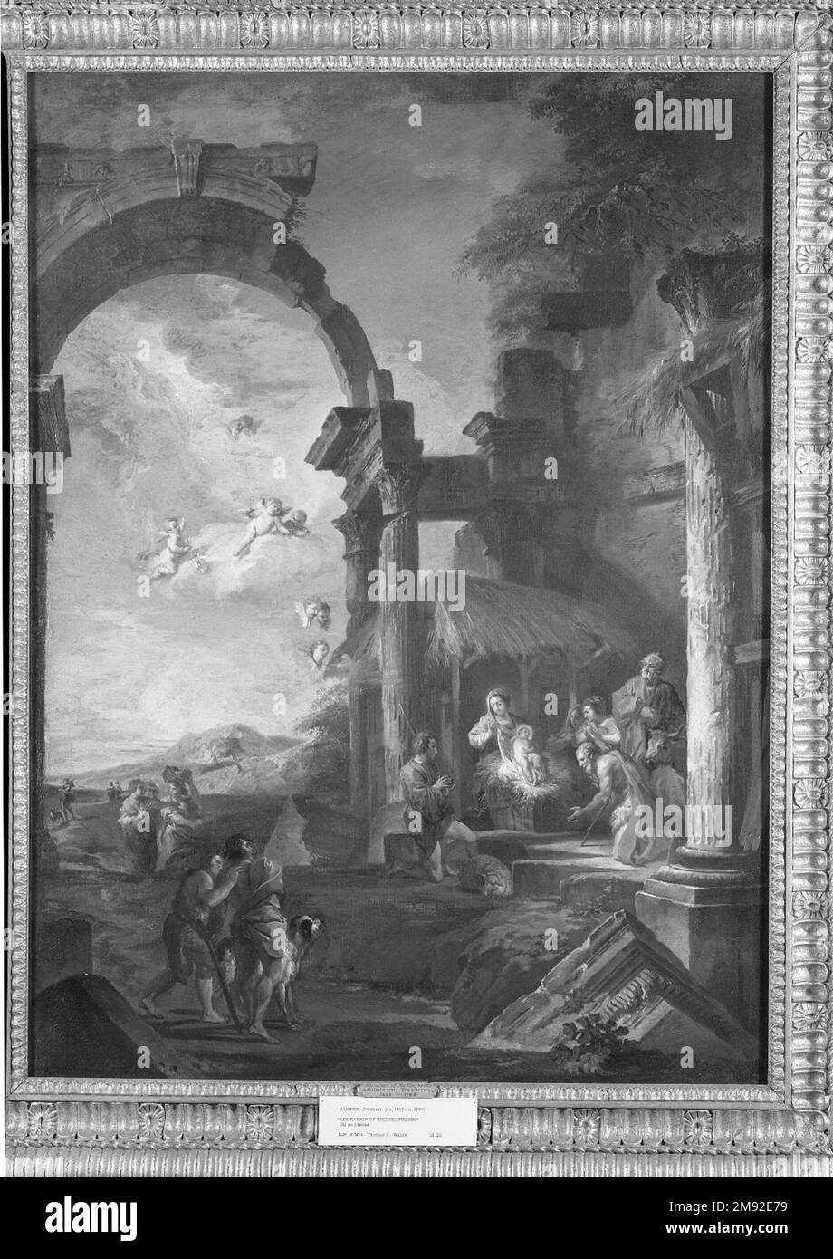 Adoration des bergers Giovanni Paolo Panini (italien, 1691-1765). Adoration des bergers, ca. 1755. Huile sur toile, 38 x 28 7/8 in. (96,5 x 73,3cm). Pendantes a présenté un dispositif narratif idéal pour les représentations de l'adoration des bergers et de l'adoration des Mages. Peintres enchantés de juxtaposer les humbles bergers, vêtus modestement de laine simple, avec les rois du monde, portant des fineries silken et portant des cadeaux extravagants. Malgré ces disparités, les pèlerins sont unis dans leur révérence devant le nouveau-né Christ. Panini invoque une longue tradition de l'alp Banque D'Images