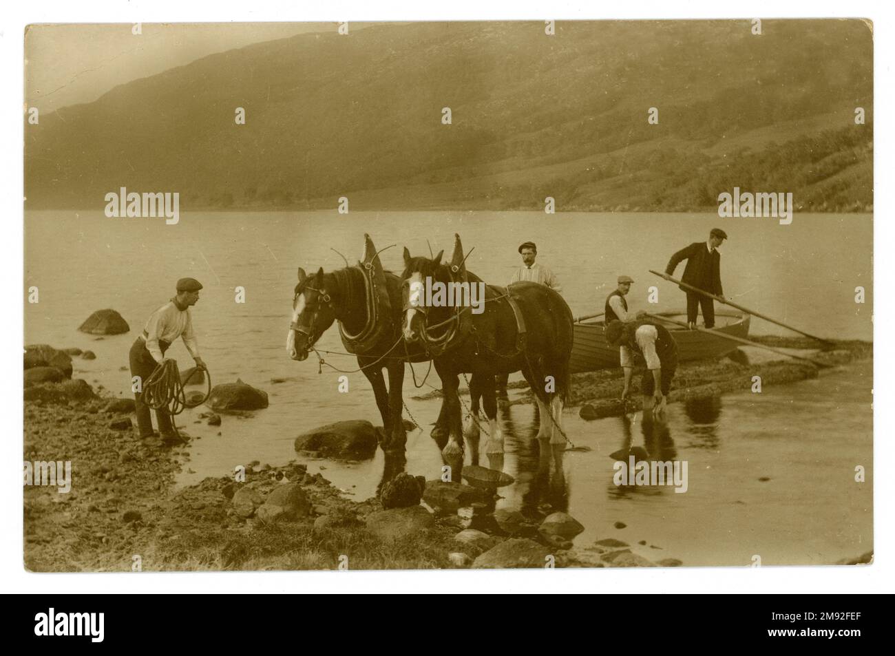 Carte postale originale de l'époque édouardienne de la scène de campagne, agriculture / bûcherons, ouvriers forestiers avec des chevaux lourds qui se délatent le long d'un lac, apportant des billes dans la rive. La carte postale est publiée par E.A. Schwerdtfeger & Co London, EC. Daté / posté le 1912 éventuellement Cumbria, Angleterre, Royaume-Uni Banque D'Images
