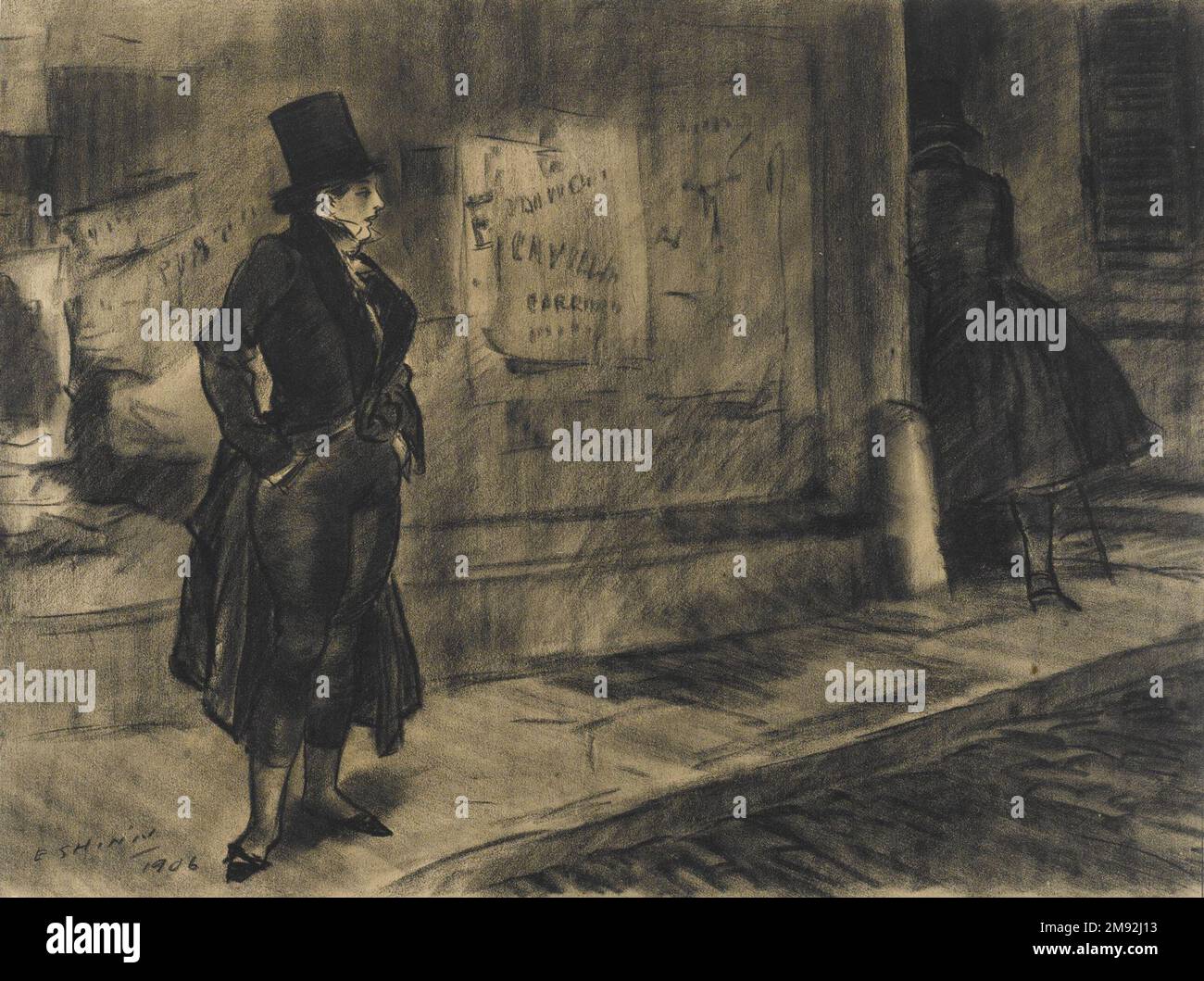Frédérique suit son mari, Illustration pour Frédérique Everett Shinn (américain, 1876-1953). , 1906. Crayon noir (probablement Conté) sur papier beige, de grammage moyen, légèrement texturé, feuille: 15 5/8 x 21 po. (39,7 x 53,3 cm). Ce dessin est l’un des seize de l’artiste chargé d’illustrer le roman Frédérique de Charles Paul de Kock en 1907, une histoire d’amour et d’adultère dans la société parisienne. Sur cette image, Frédérique, déguisée en vêtements pour hommes, poursuit son mari lors de sa sortie en soirée pour confirmer ses escapades extraconjugales. Everett Shinn juxtapose un rendu précis du protagoniste Banque D'Images